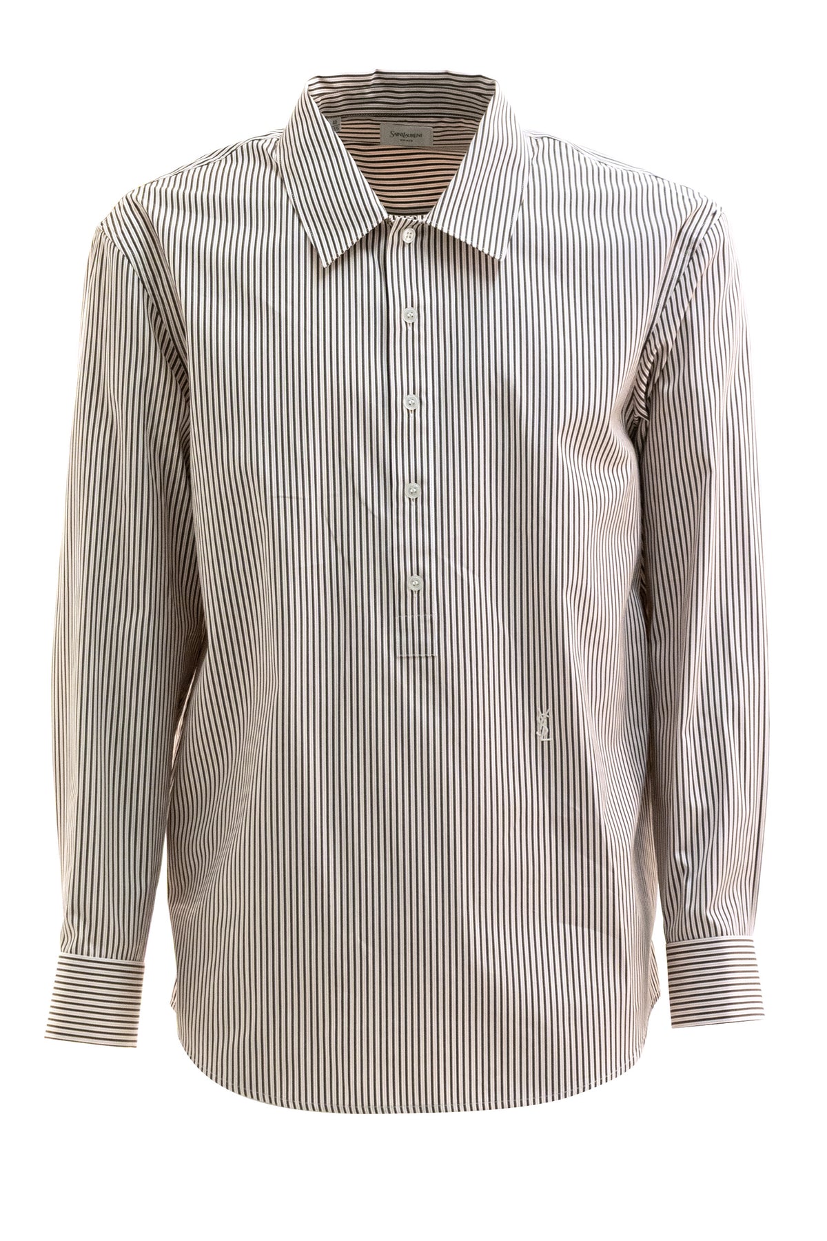 SAINT LAURENT Camicia Cassandre in popeline di cotone a righe di colore marrone e bianco, Bianco/marrone