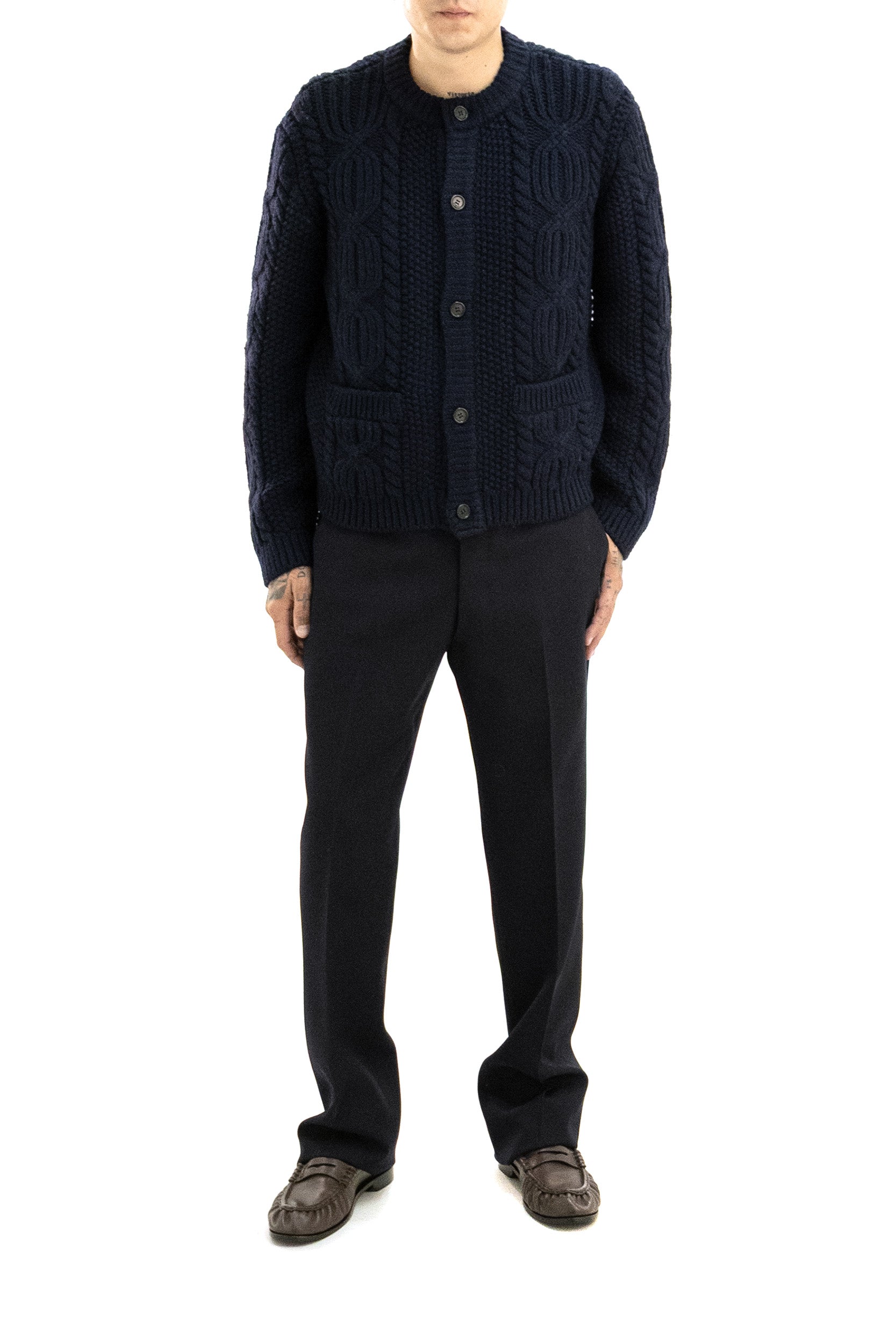 Cardigan in lana a trecce di colore blu<BR/> A003MC Y77OL 4240 SAINT LAURENT 