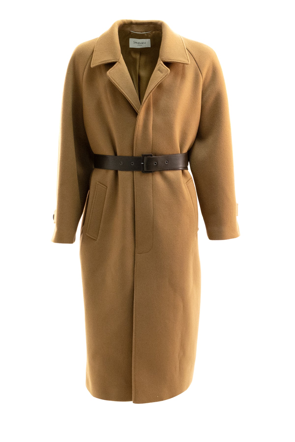 SAINT LAURENT Cappotto Balmacaan in lana color cognac, Marrone