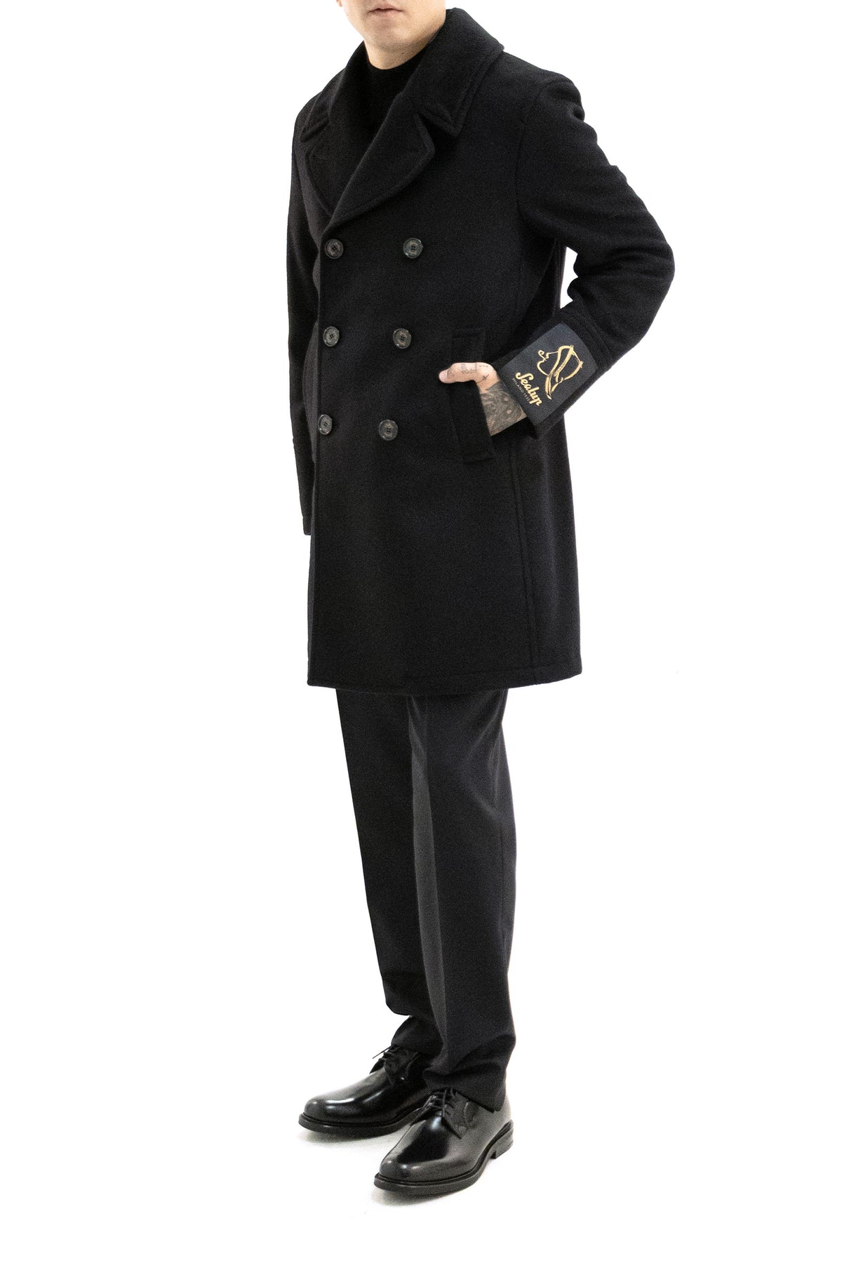 SEALUP Peacoat Lungo in Lana Cashmere, Nero, vista 2