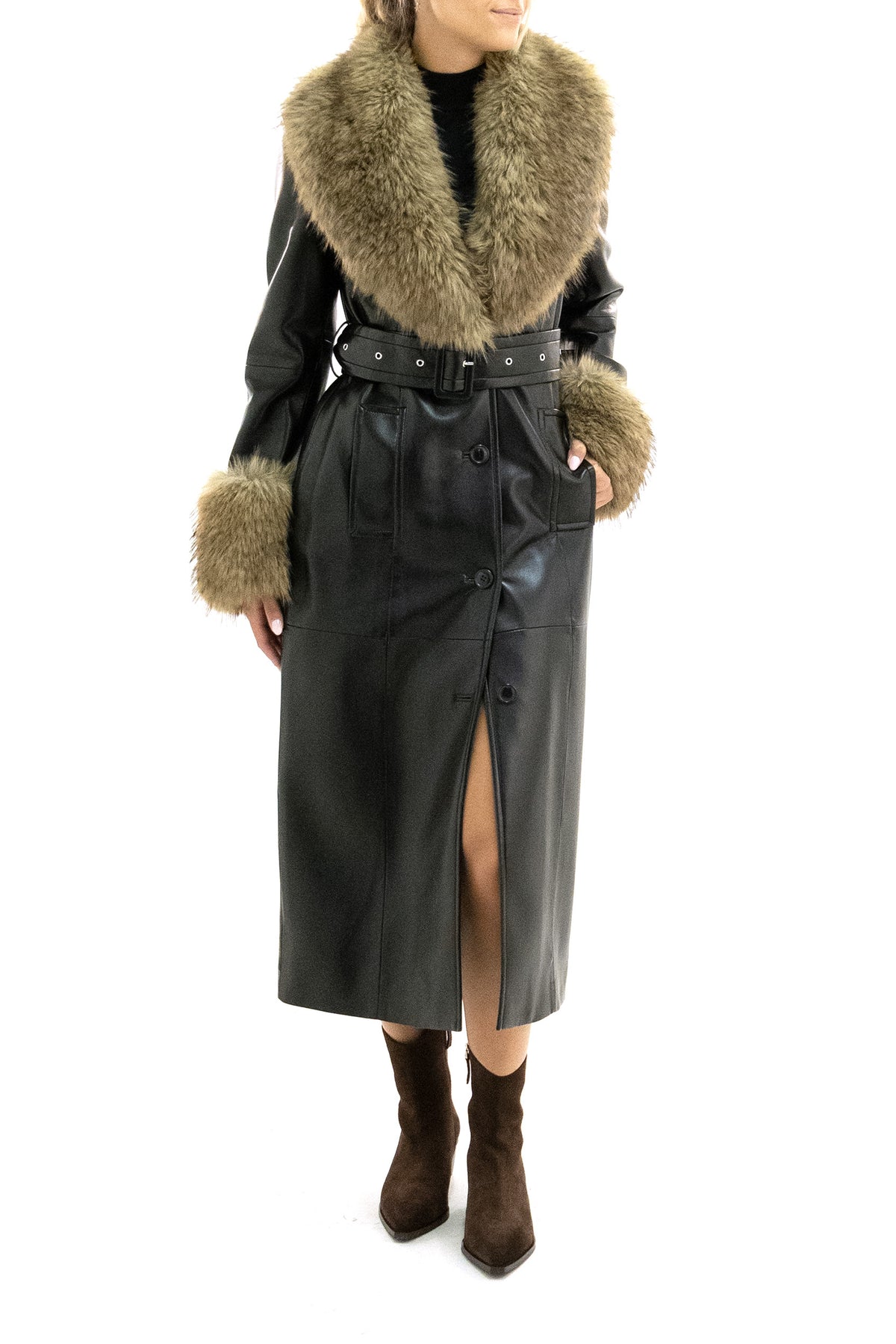 STAND STUDIO Cappotto in ecopelle di colore nero, Nero/beige, vista 2