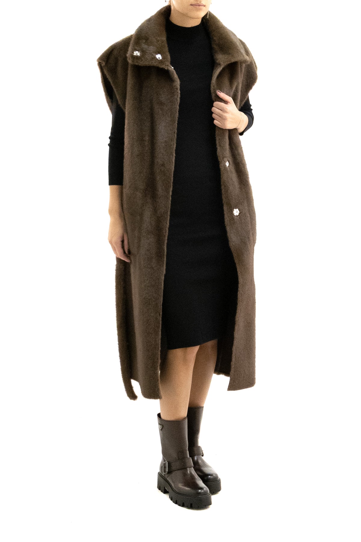 STAND STUDIO Gilet lungo in ecopelliccia di colore marrone, vista 2