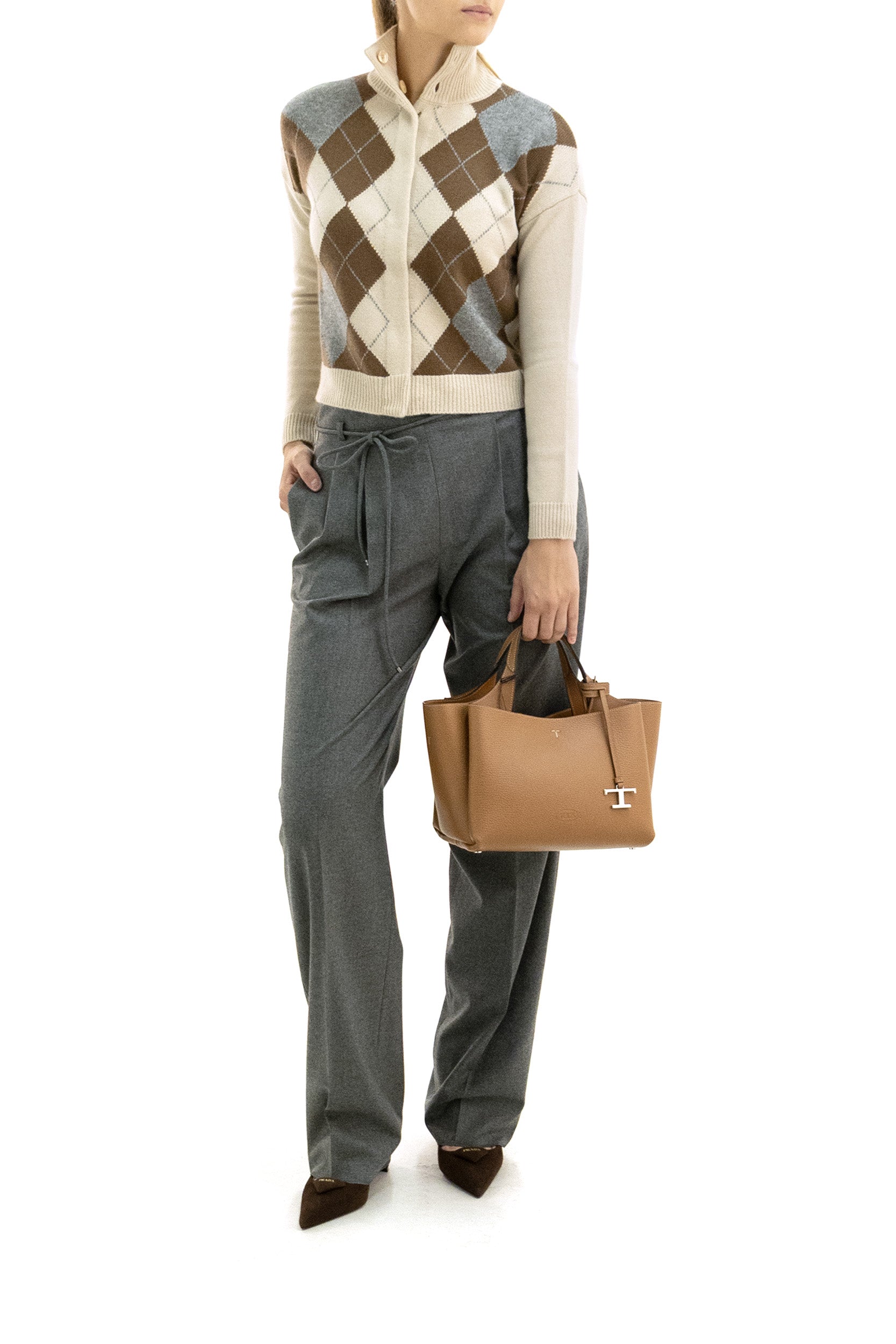 Cardigan in lana e cashmere a rombi di colore beige e marrone<BR/> MSTPACCHE 001 STUDIO MAXMARA 