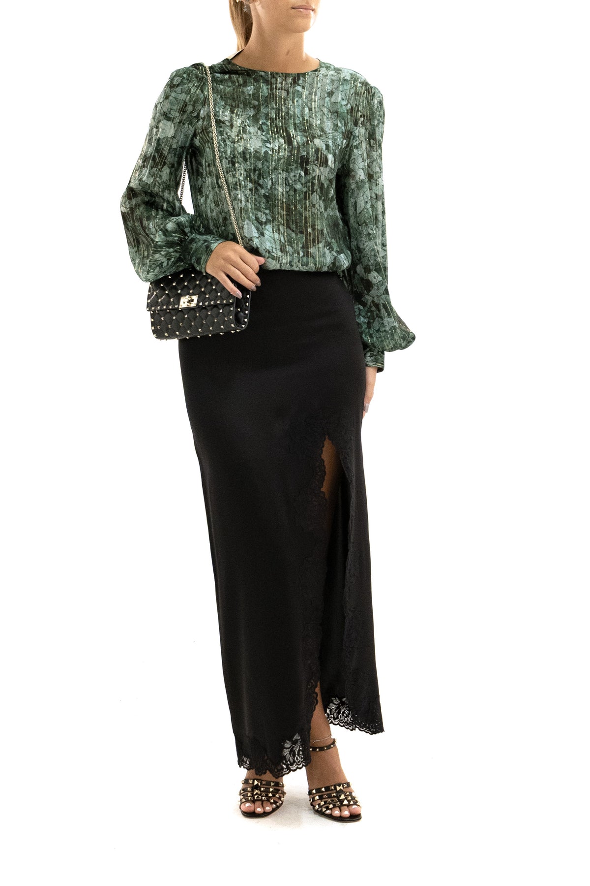 VALENTINO GARAVANI Gonna in crepe satin e pizzo di colore nero, vista 2