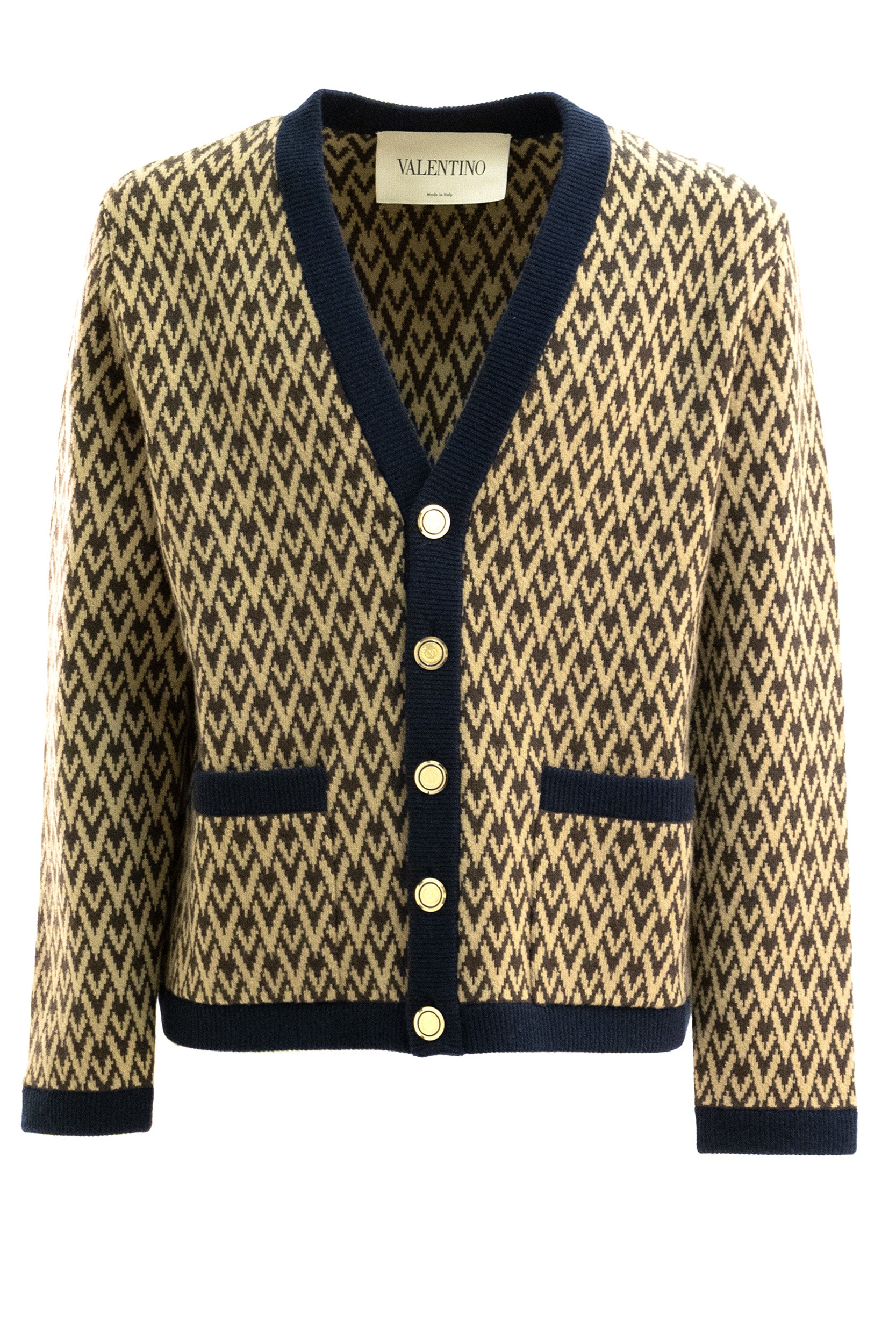 Cardigan in lana con motivo Toute La V di colore beige<BR/> 9V3KA04IAR1 0PF VALENTINO GARAVANI 