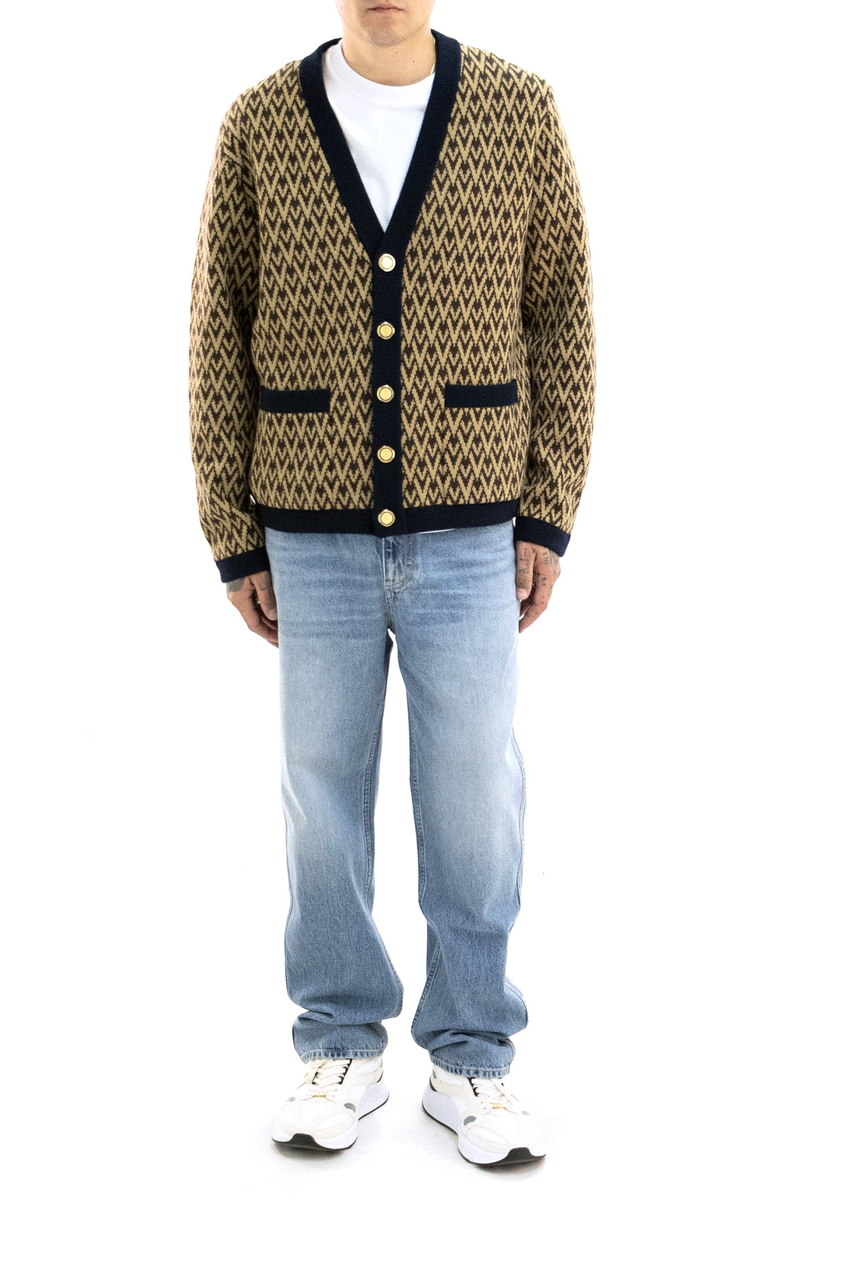 Cardigan in lana con motivo Toute La V di colore beige<BR/> 9V3KA04IAR1 0PF VALENTINO GARAVANI 
