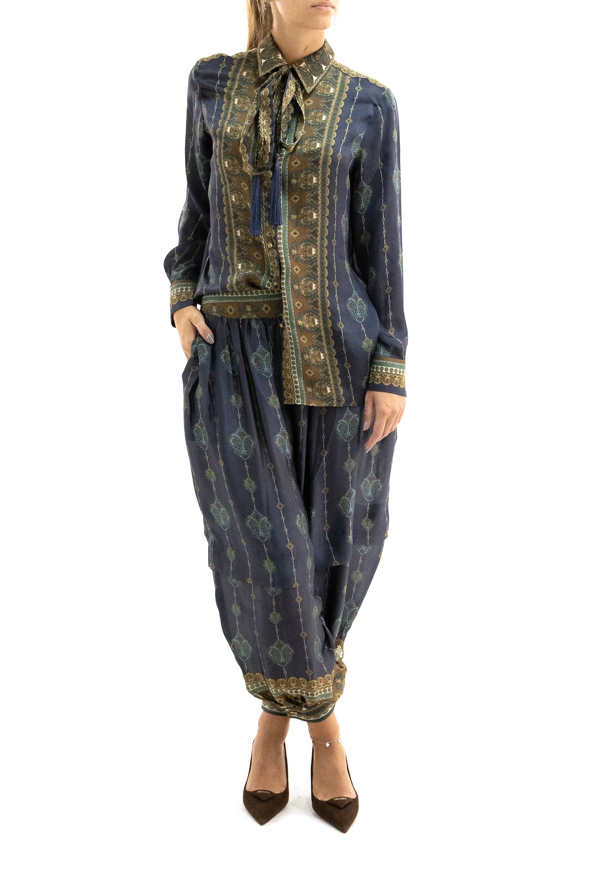 ZIMMERMANN Camicia in raso a fantasia di colore blu, vista 3