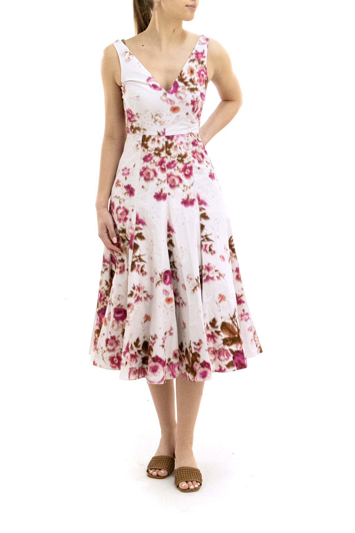ERDEM Abito in cotone di colore bianco con stampa floreale di colore rosa, vista 2