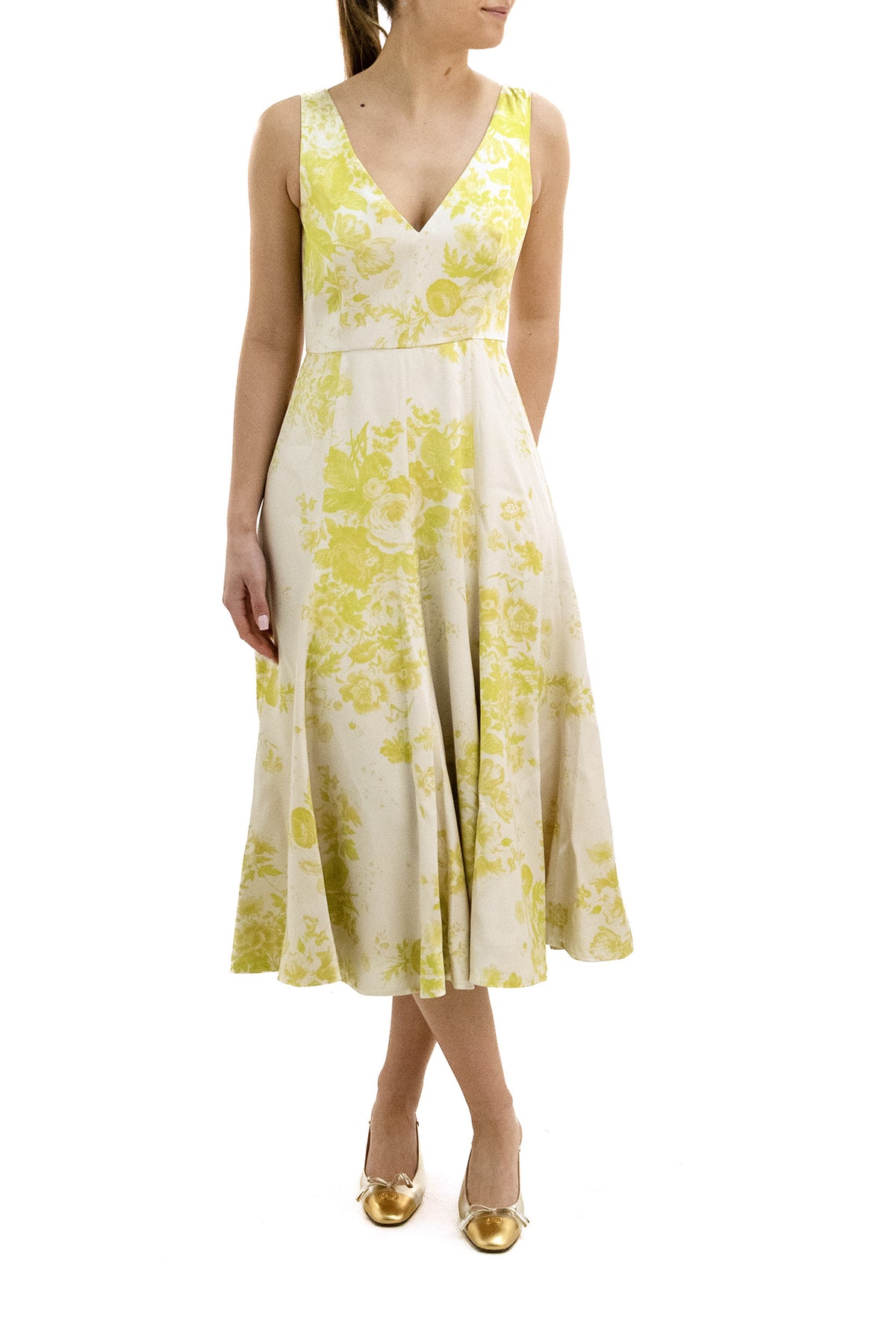 ERDEM Abito in duchesse color avorio con stampa floreale di colore verde e giallo, vista 2