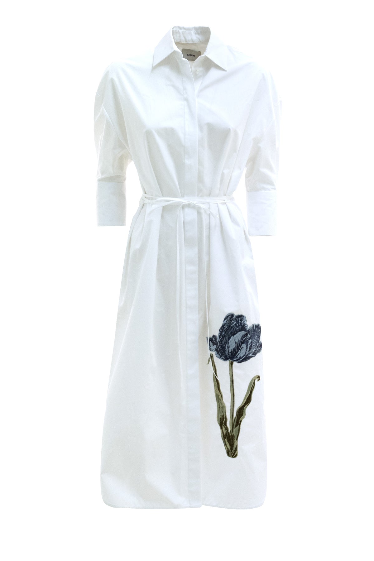 ERDEM Abito chemisier in cotone di colore bianco con stampa floreale a contrasto