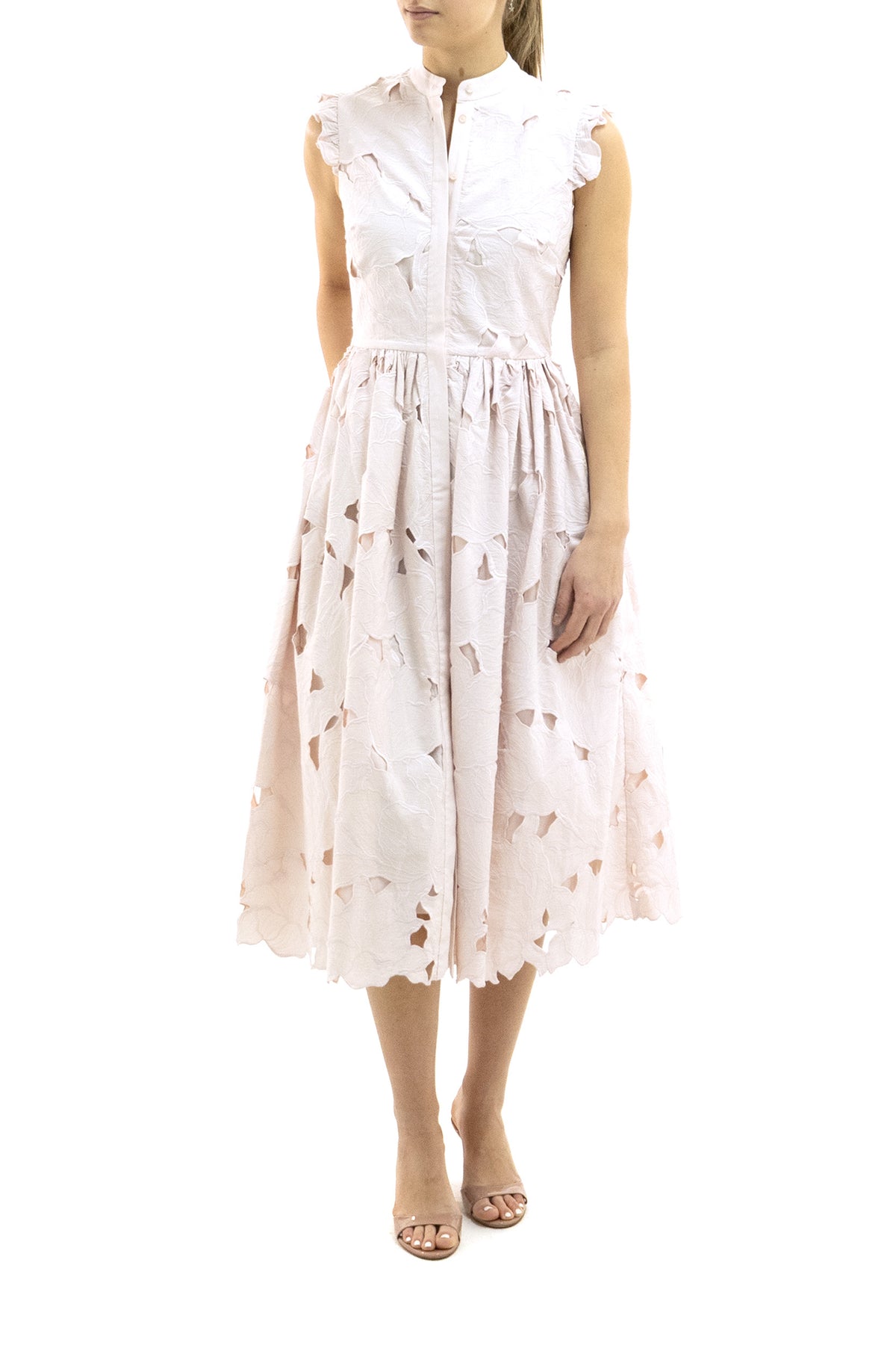 ERDEM Abito midi in cotone di colore rosa con lavorazione floreale, vista 2