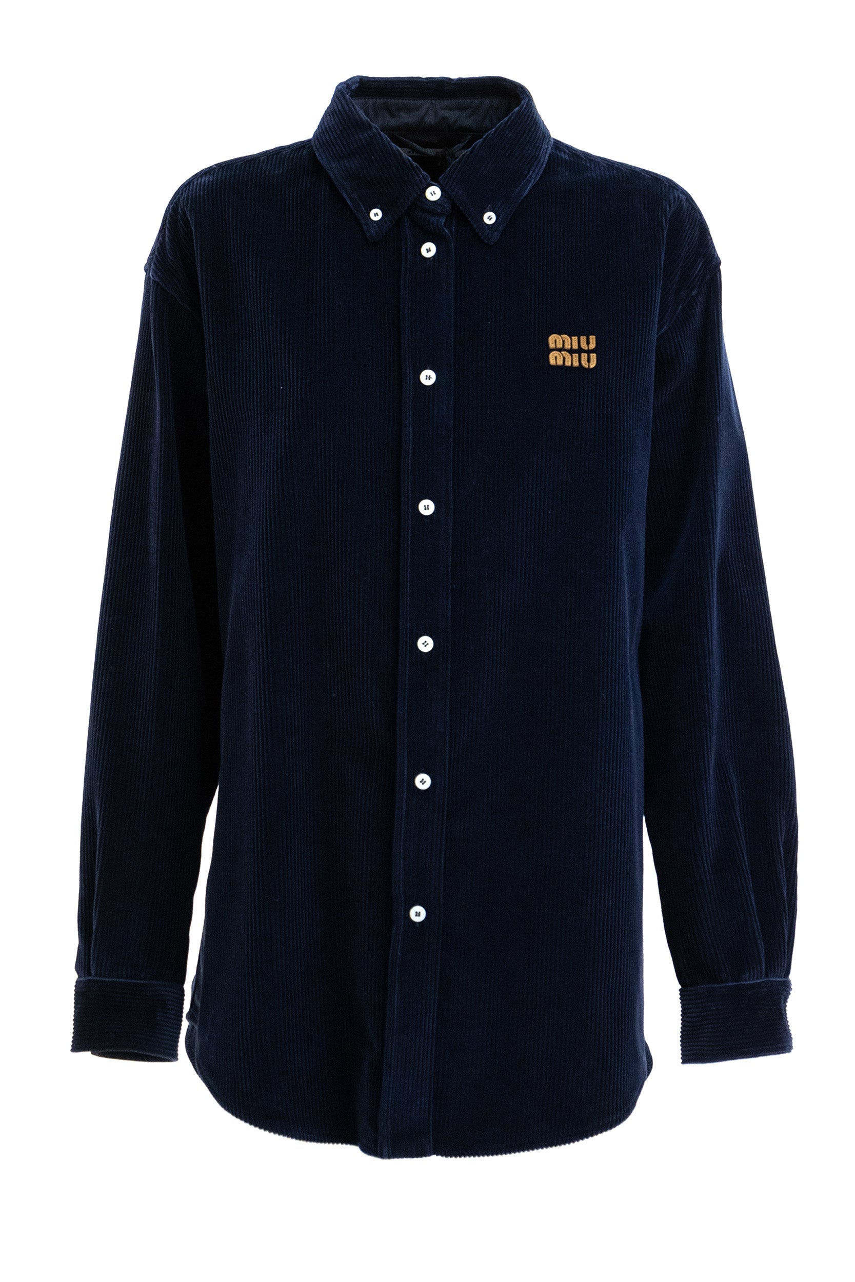 Camicia in velluto a coste di colore blu<BR/> MK1626 S OOO 18SZ F0008 MIU MIU 
