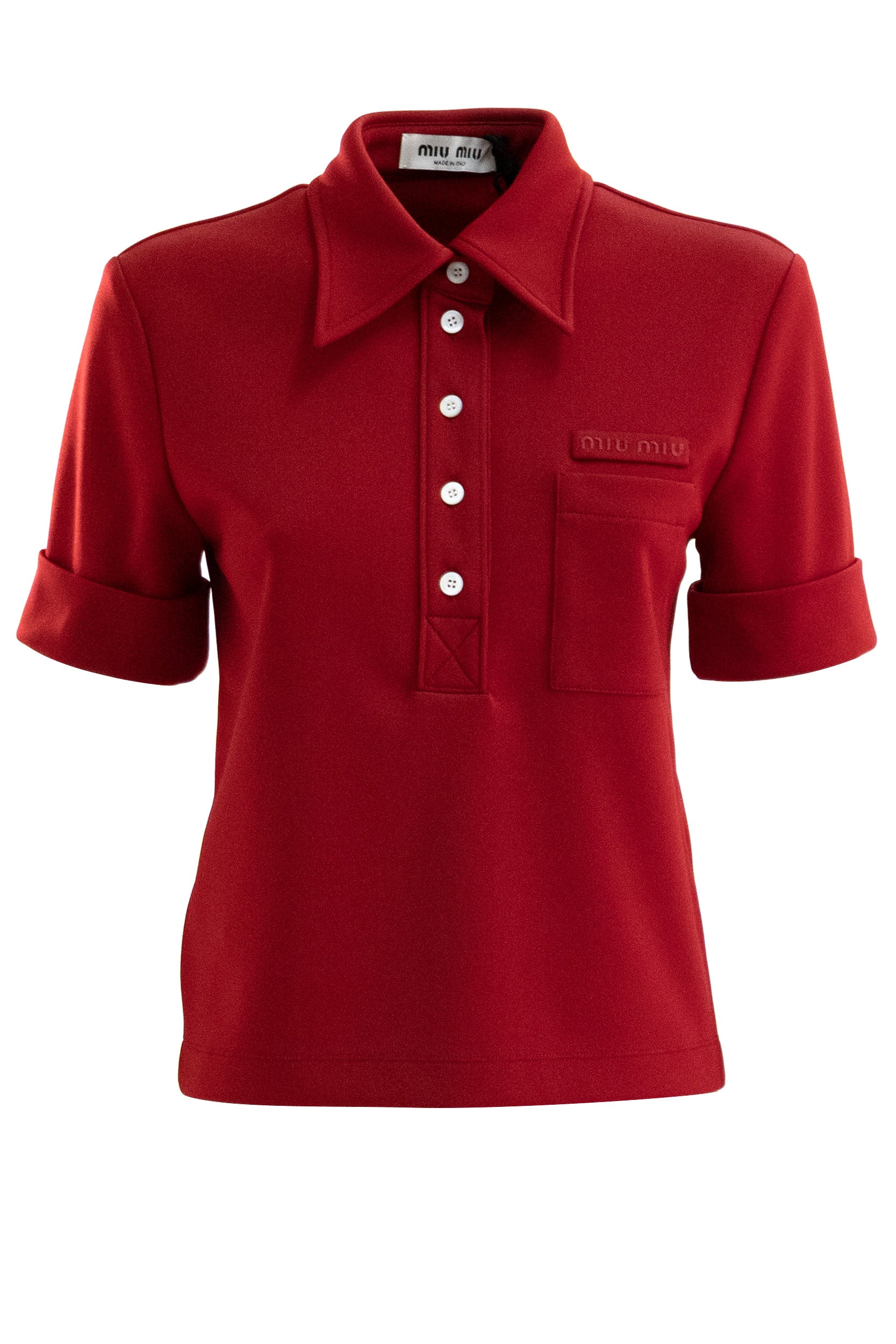 Polo in jersey tec di colore rosso<BR/> MT2204 S OOO 14OA F0041 MIU MIU 