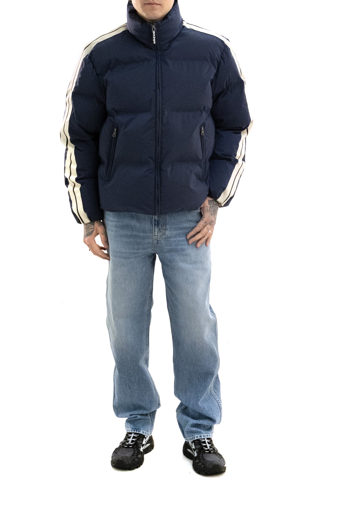 PALM ANGELS Piumino Track in Nylon, Blu, vista 2