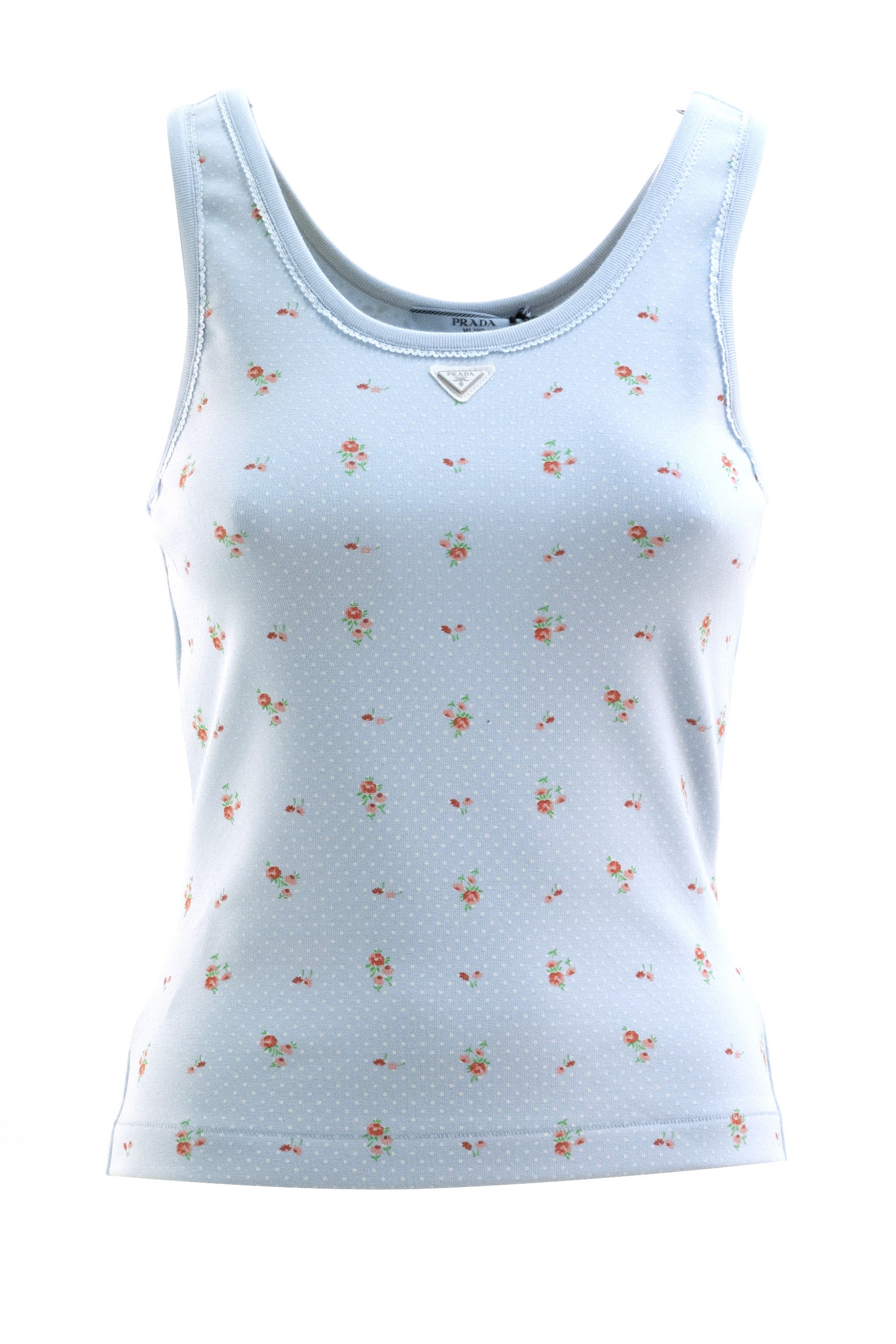 Top in cotone di colore azzurro con con stampa bouquet multicolore<BR/> 39659C S OOO 19AX F0012 PRADA 
