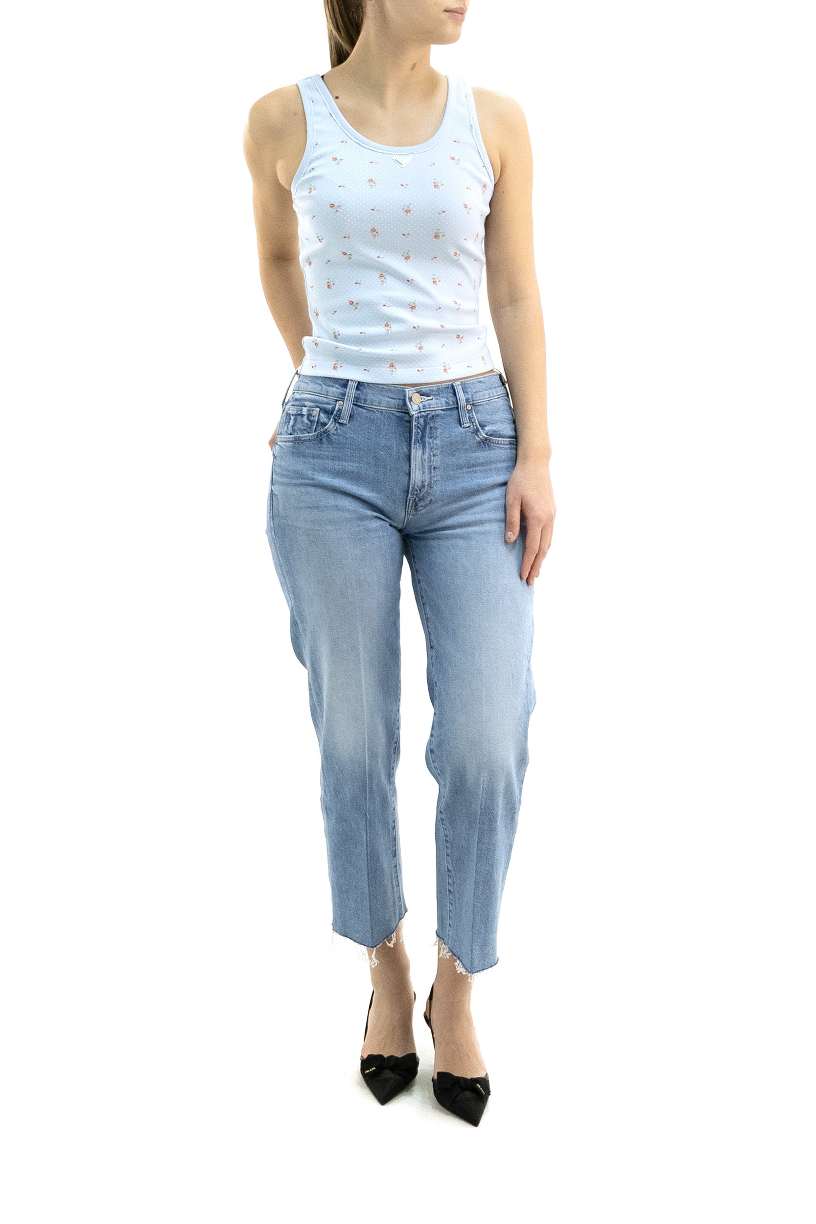 Top in cotone di colore azzurro con con stampa bouquet multicolore<BR/> 39659C S OOO 19AX F0012 PRADA 