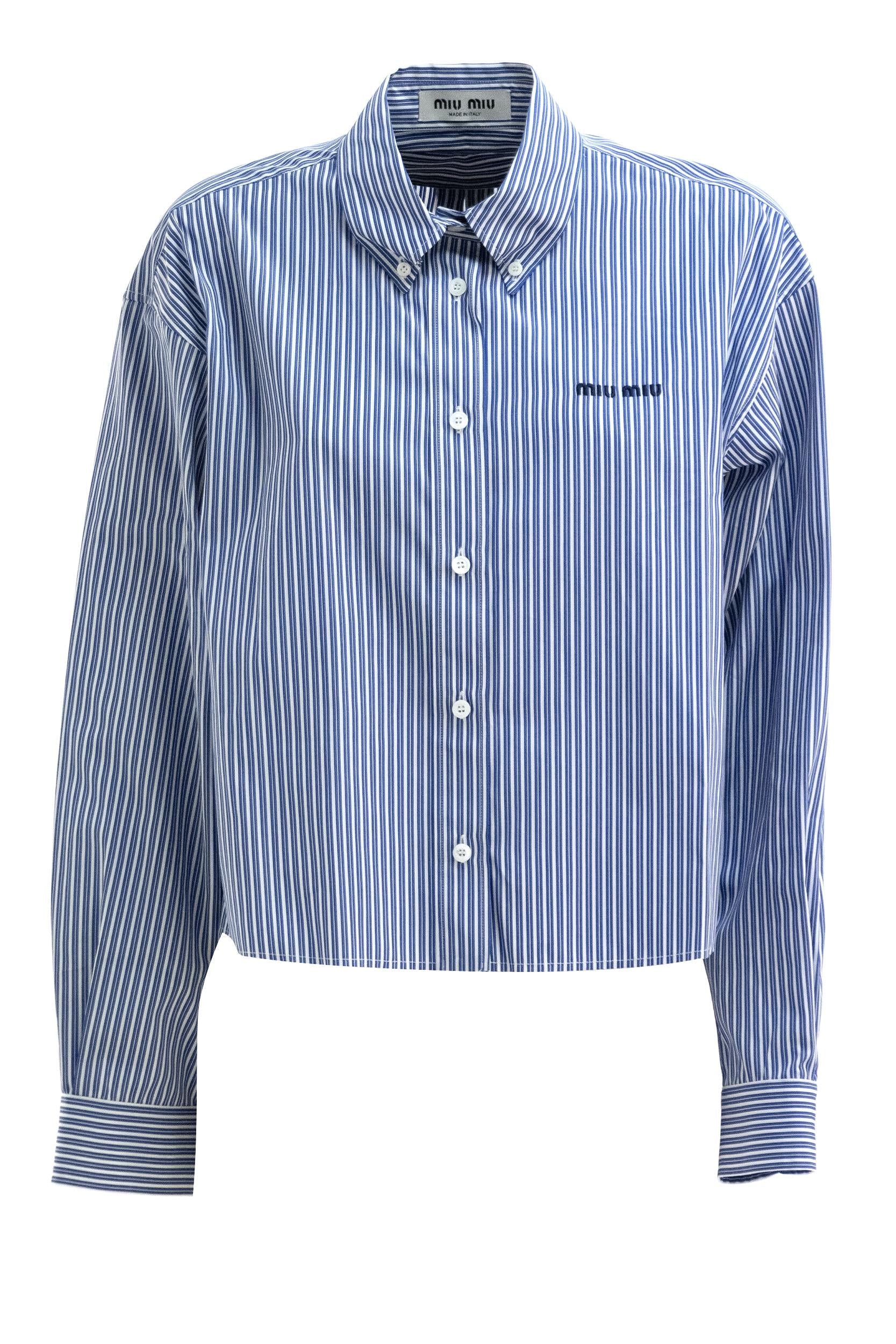 Camicia in cotone a righe di colore bianco e blu<BR/> MK2047 S OOO 195D F098Z MIU MIU 