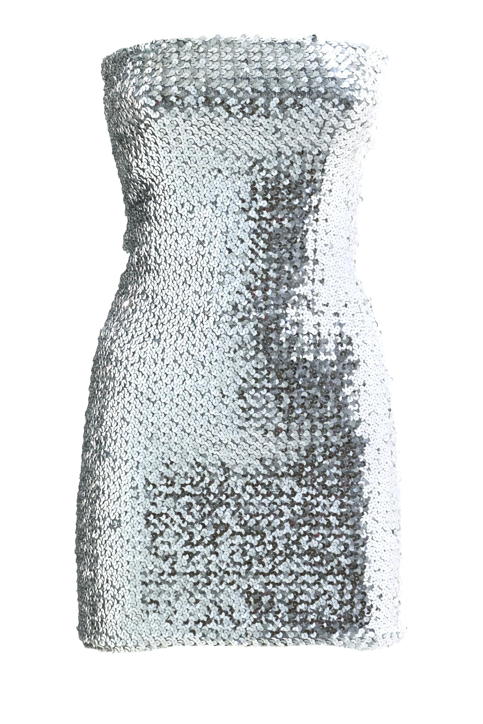 Abito in tessuto elastico con paillette ricamate di colore argento<BR/> 860518 ZZZAA 1700 GUCCI 