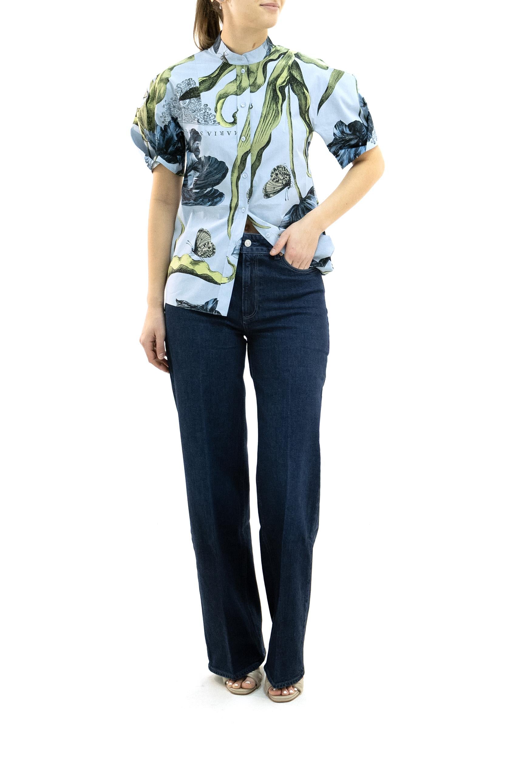 Camicia in cotone di colore azzurro polvere con stampa floreale a contrasto<BR/> T6351074015 POWDER BLUE ERDEM 