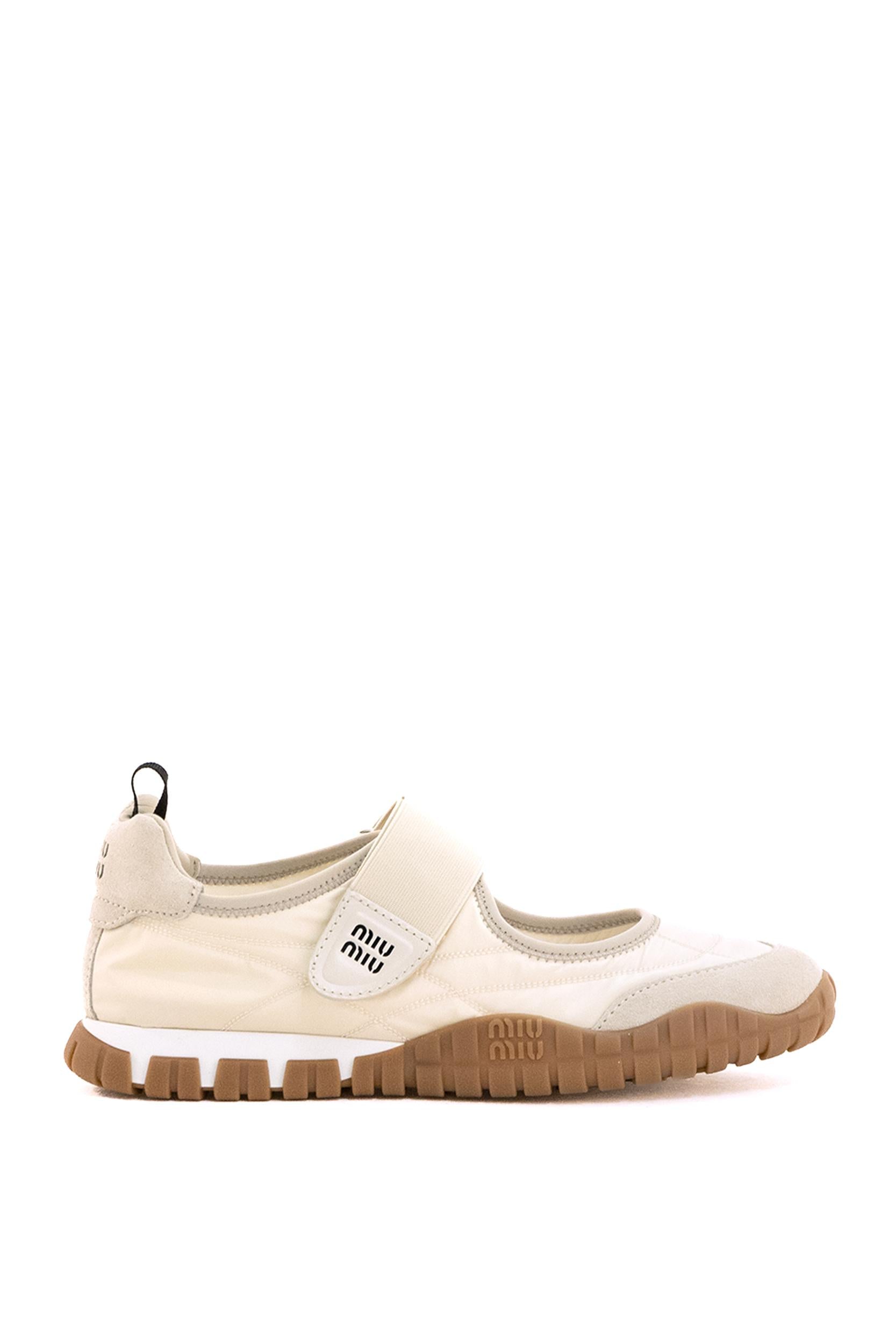 Ballerine Tyre in tessuto tecnico e suede color avorio<BR/> 5F416E F 005 D7C F0304 MIU MIU