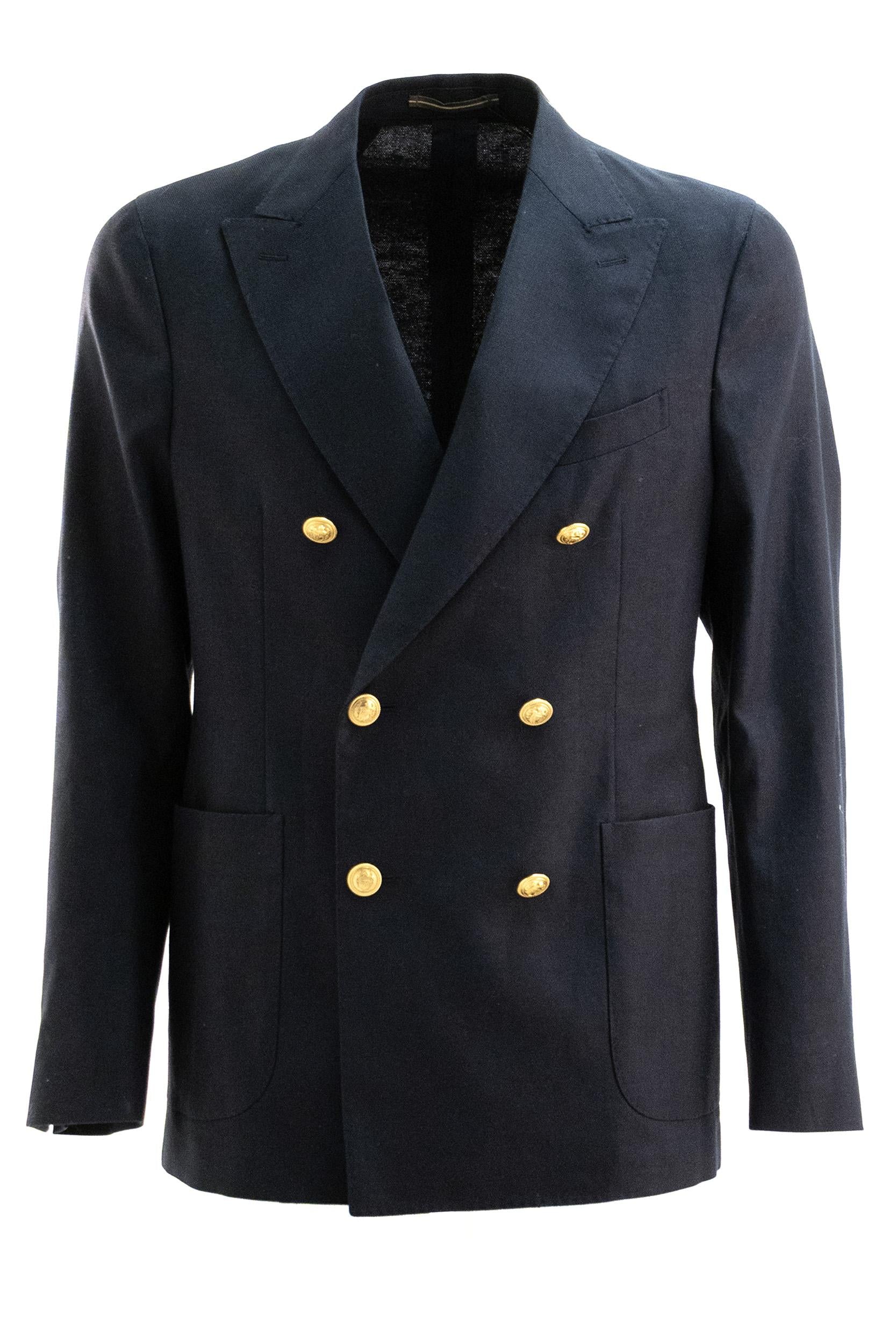 Giacca doppiopetto in lino e cotone di colore blu<BR/> 63I016 90485 820 INCOTEX 