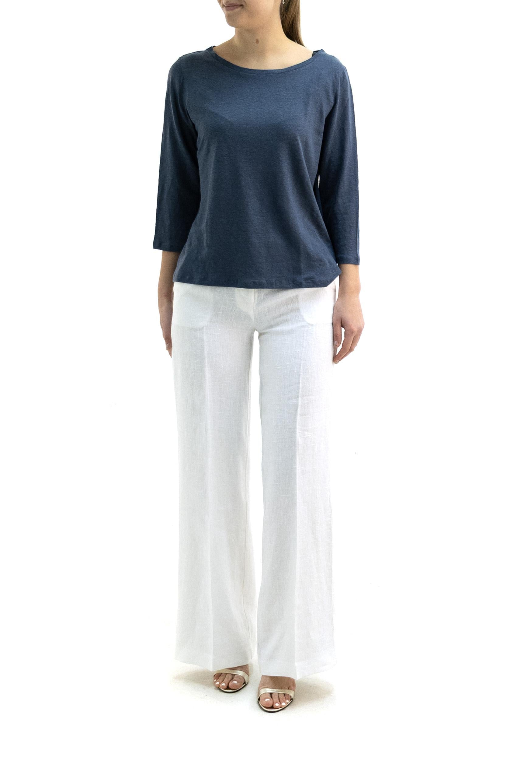 T-shirt in lino di colore blu<BR/> E26M011-FTS397 1121 MAJESTIC 