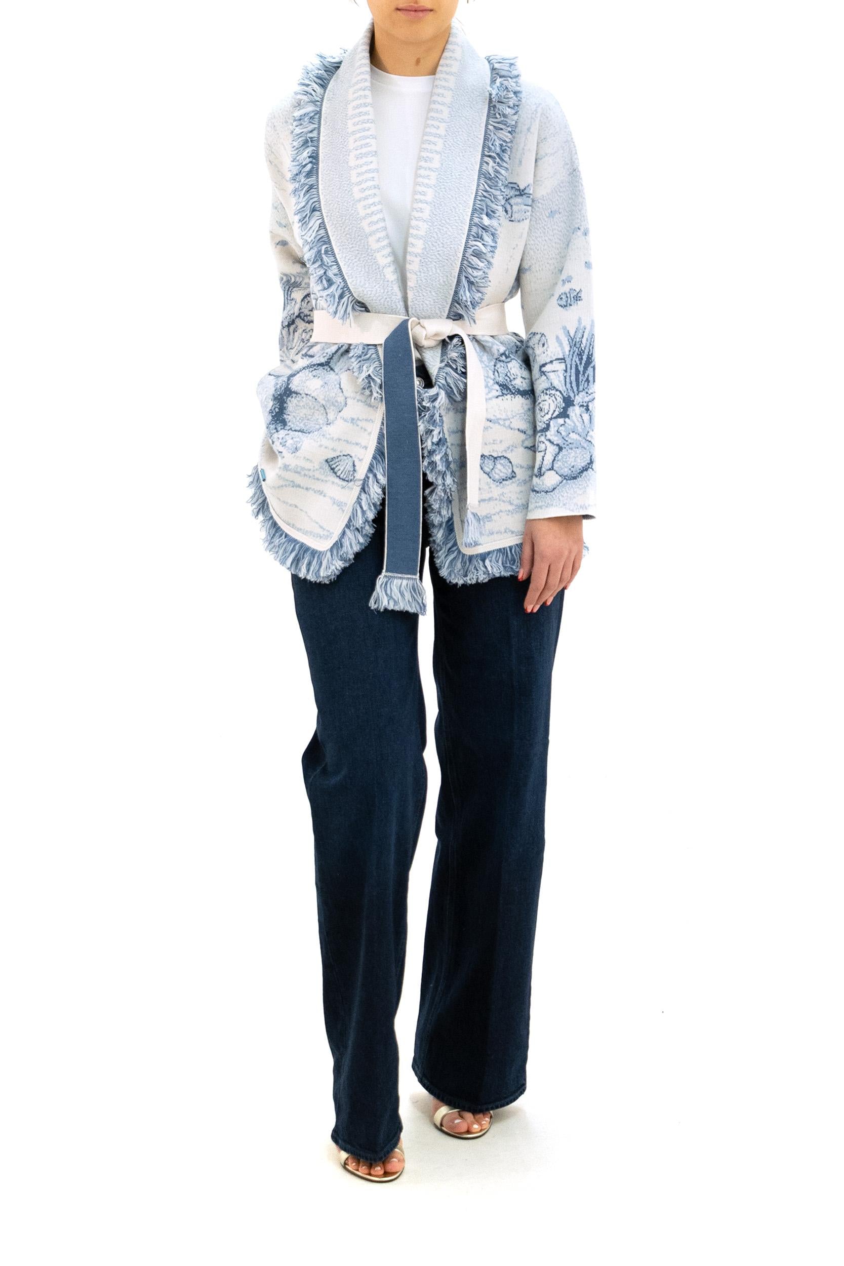 Cardigan Deep In The Ocean in lana di color gesso e azzurro<BR/> LWHB064R26KNI018 0F45 ALANUI 