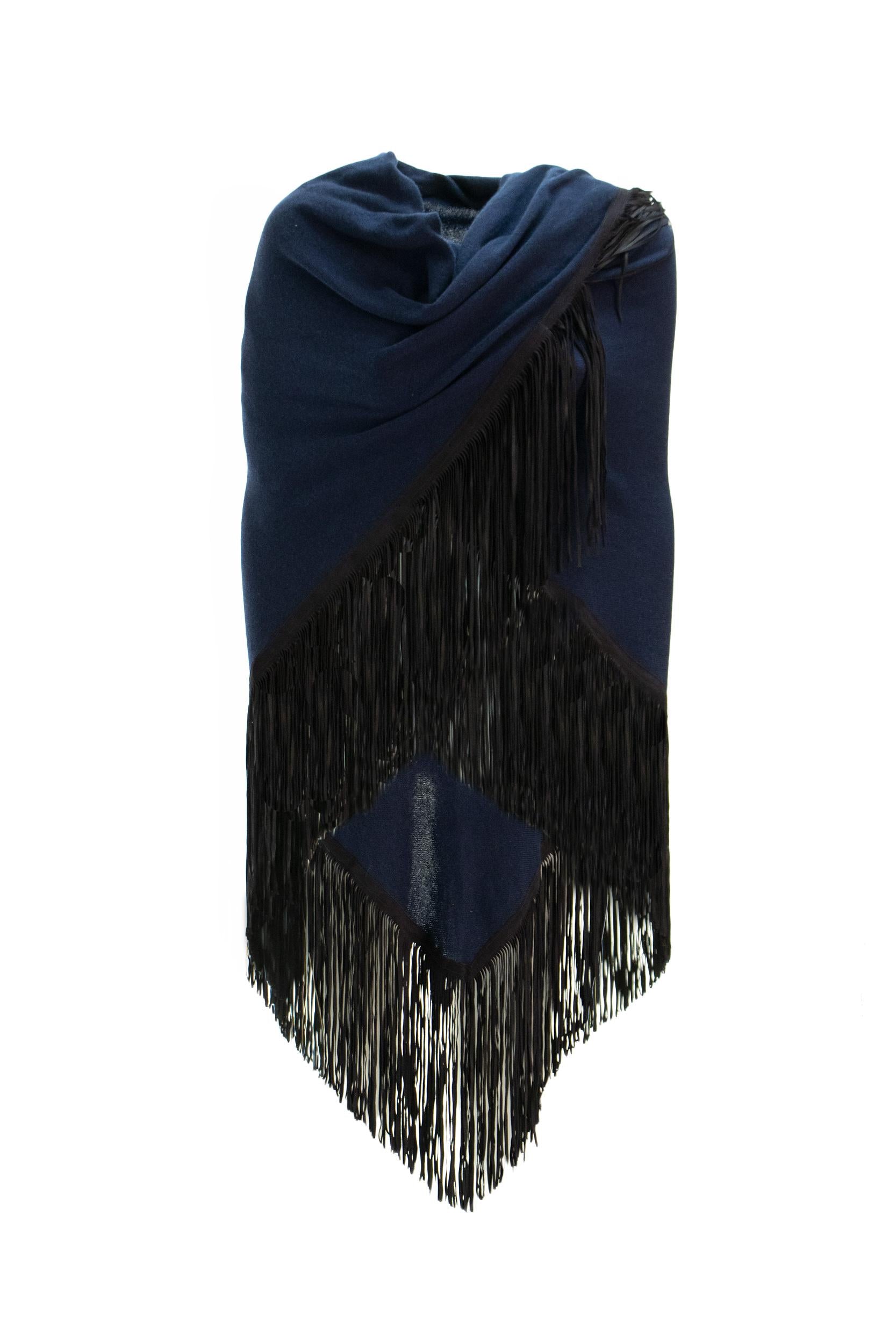 Mixik Mantella blu con frange<BR/> COMTE LEATHER NAVY MIXIK 