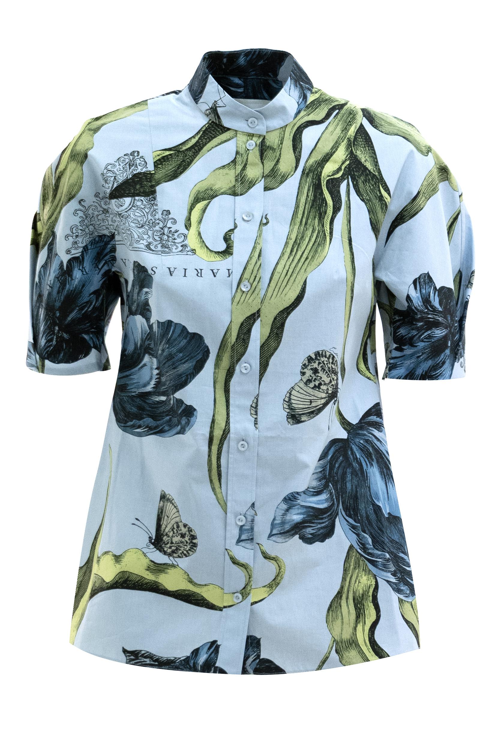 Camicia in cotone di colore azzurro polvere con stampa floreale a contrasto<BR/> T6351074015 POWDER BLUE ERDEM 