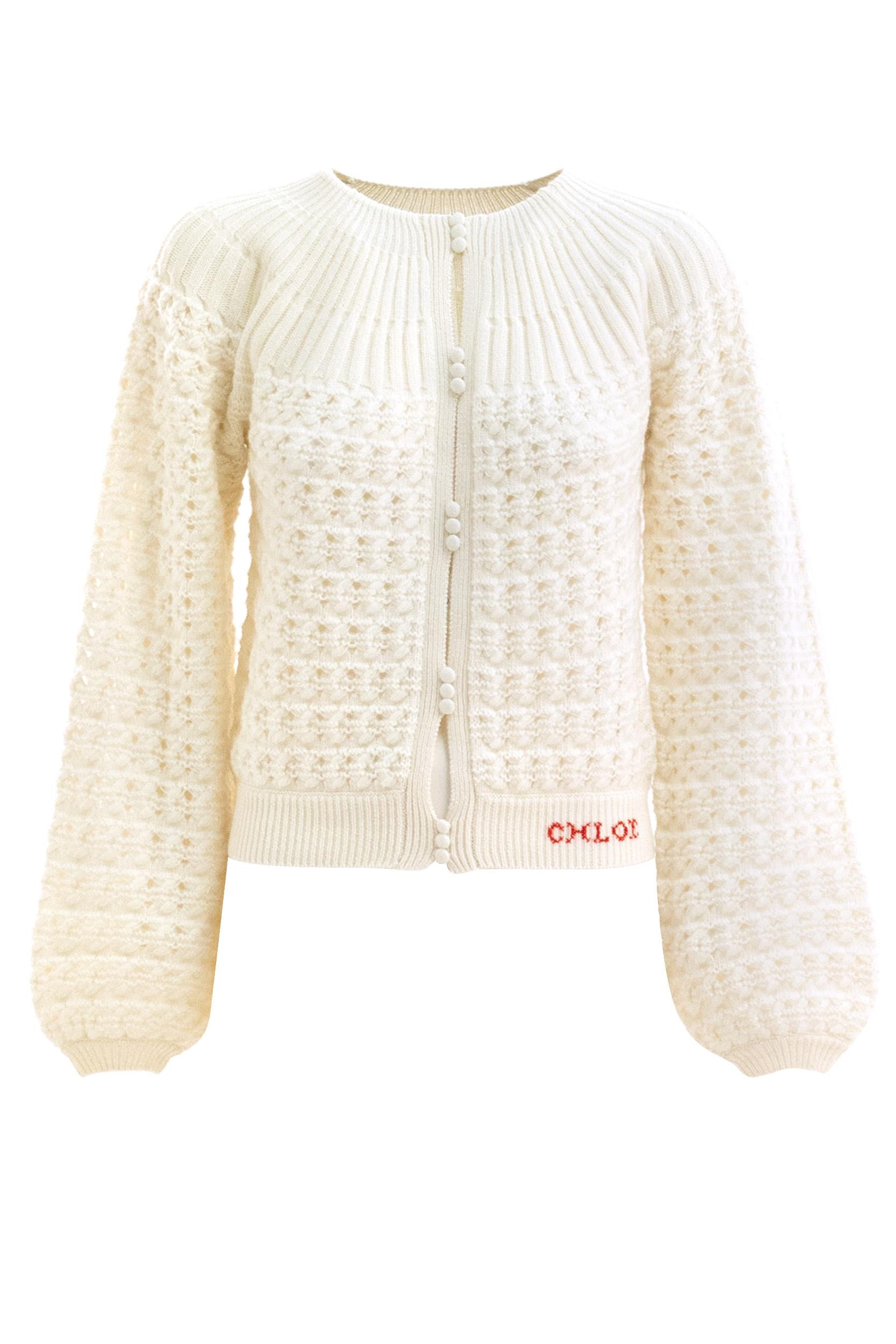 Cardigan ricamato in maglia di lana e cashmere color bianco<BR/> 25WMP07590 107 CHLOE' 