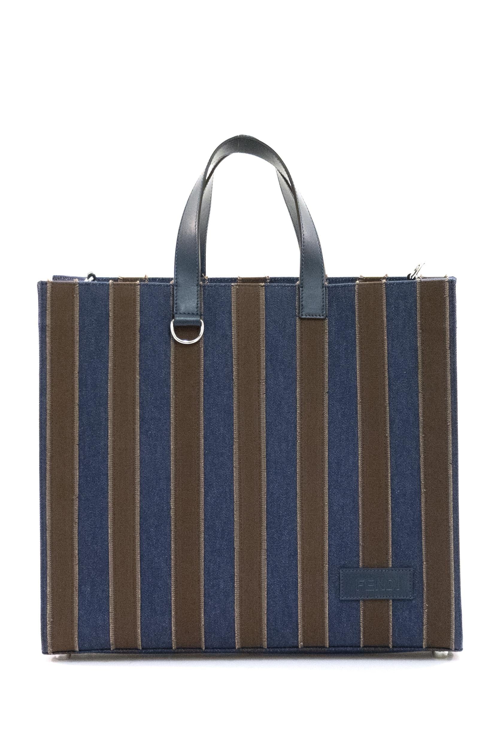Borsa Shopper Pequin in jeans blu scuro e tela marrone<BR/> 7VA390 B08U F1X5W FENDI 