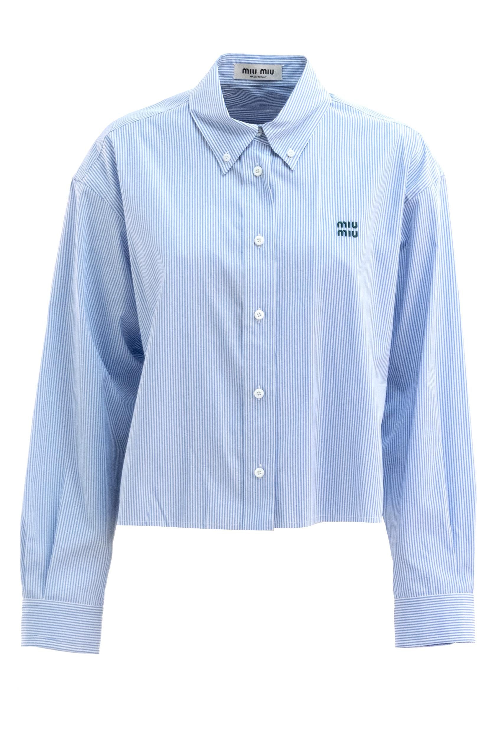 Camicia in popeline a righe color bianco e azzurro<BR/> MK1659 S OOO 19EA F0UB3 MIU MIU 