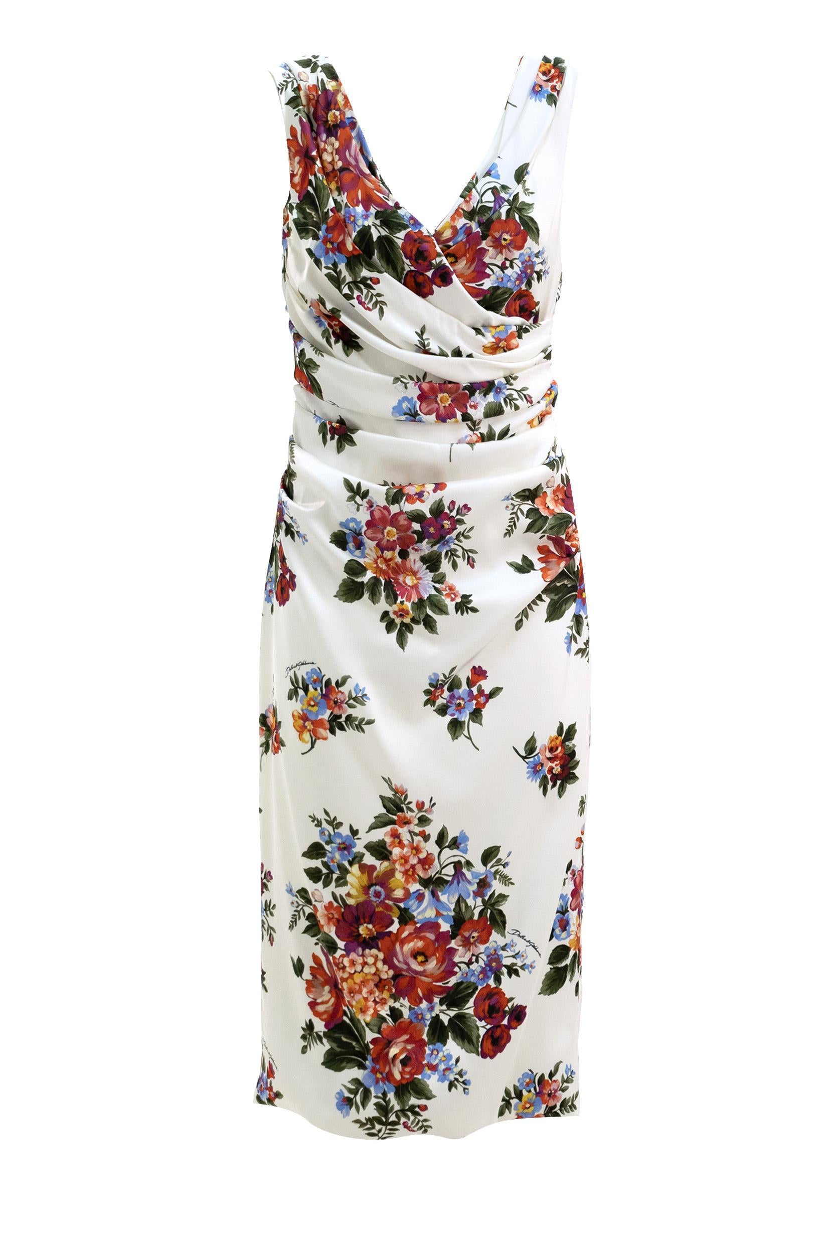 Abito in Raso con Stampa Mazzo di Fiori<BR/> F612RT FSICE HA5ZO DOLCE & GABBANA 