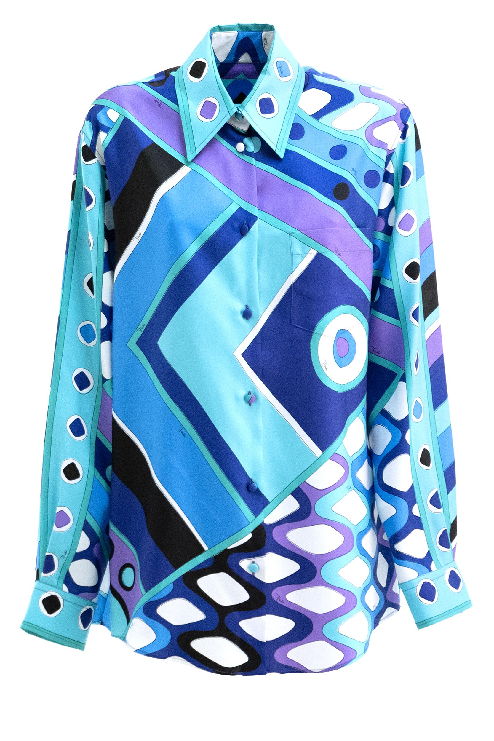 Camicia in seta con stampa Vivara di colore turchese e blu<BR/> 6HRJ10 6H853 021 EMILIO PUCCI 