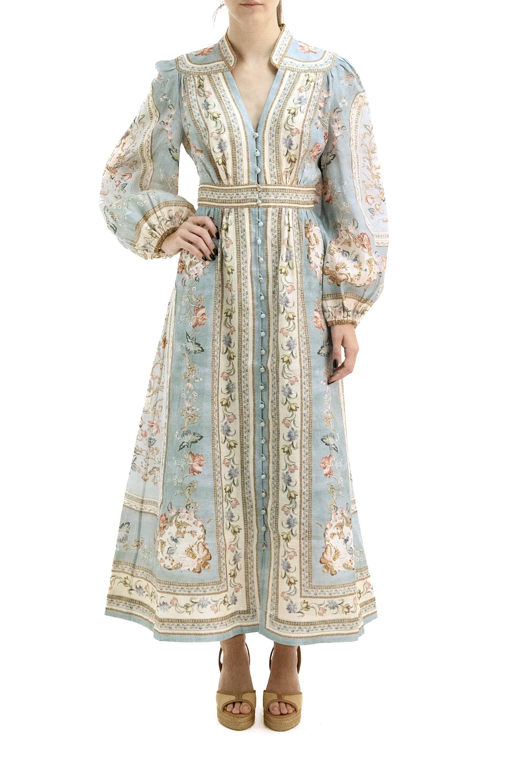 Abito midi in lino di colore azzurro con stampa floreale multicolore<BR/> 3501DSS264 BLUE TAPESTRY ZIMMERMANN 