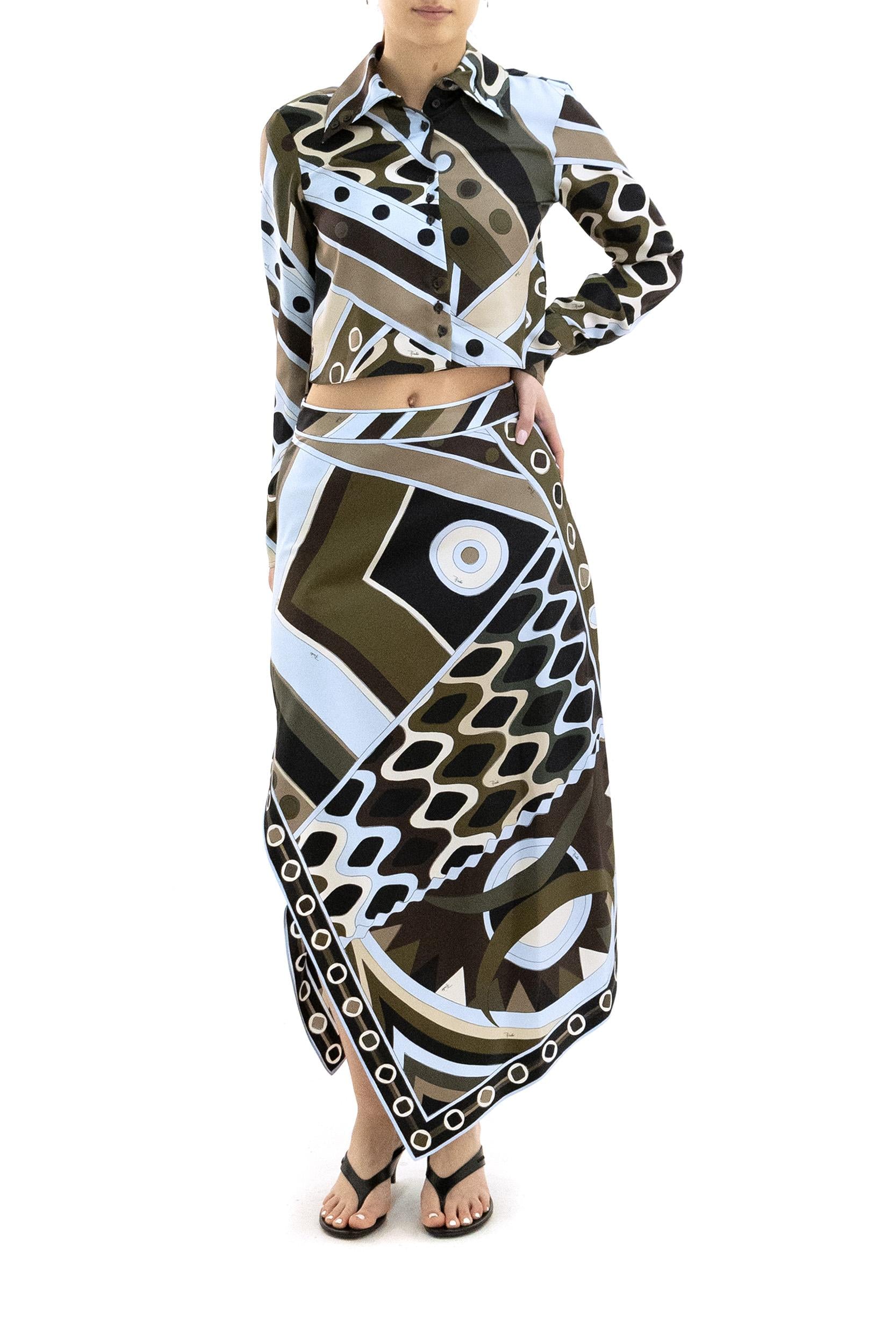 Camicia crop in seta con stampa Vivara color kaki e blu<BR/> 6HRJ15 6H841 016 EMILIO PUCCI 