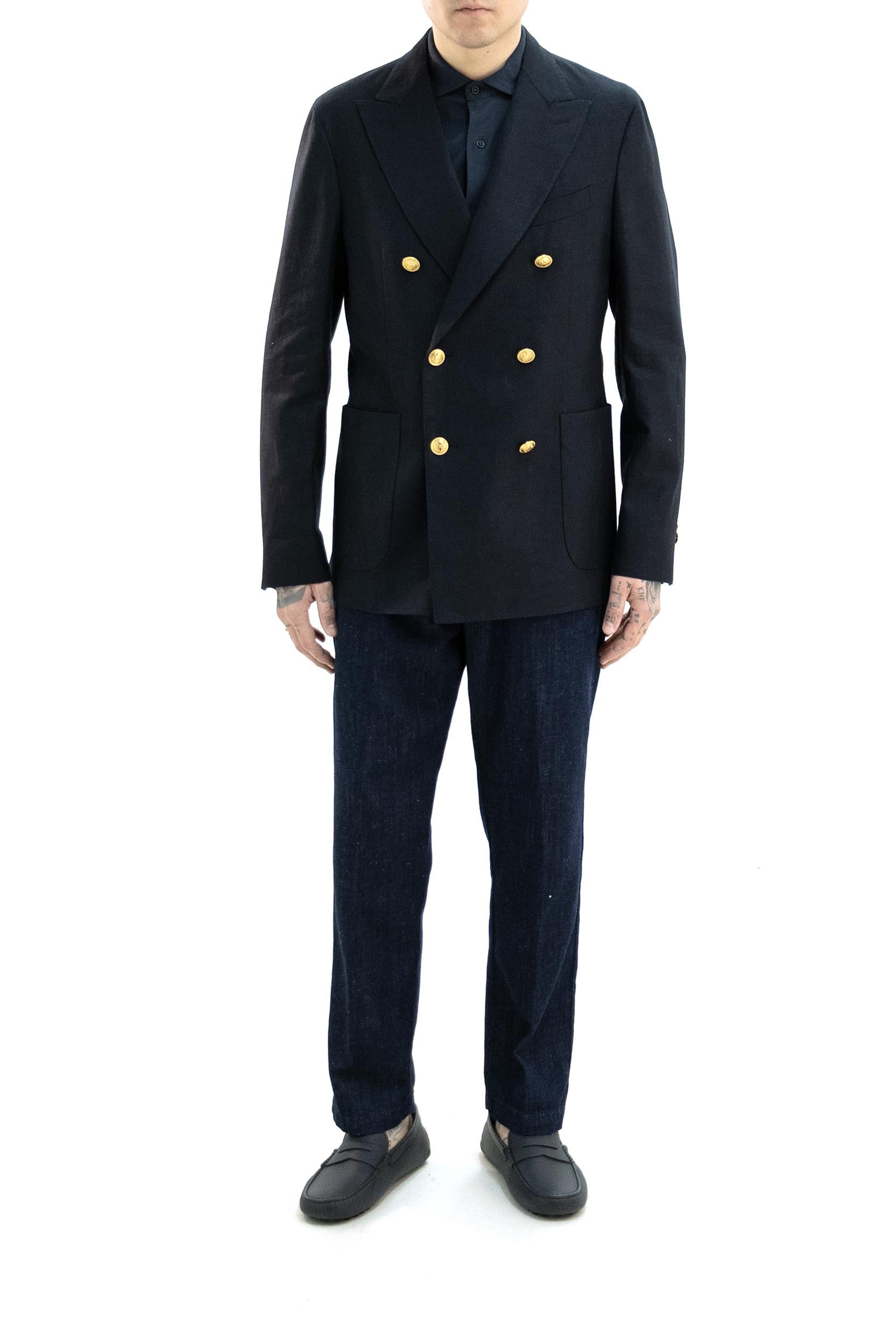 Giacca doppiopetto in lino e cotone di colore blu<BR/> 63I016 90485 820 INCOTEX 