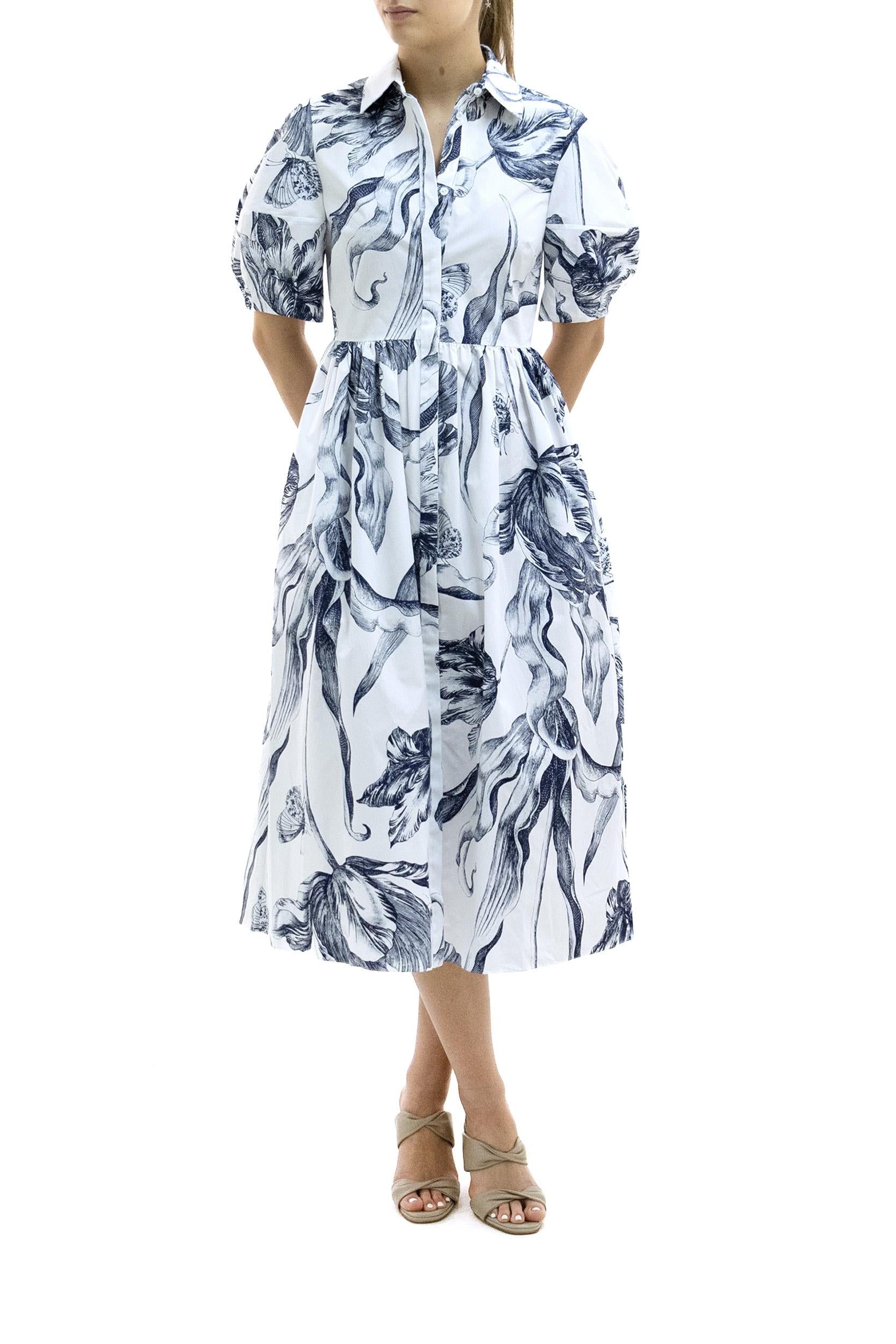 Abito chemisier in cotone di colore bianco con stampa floreale di colore blu<BR/> D19851069002 BOTANICAL IVORY ERDEM 