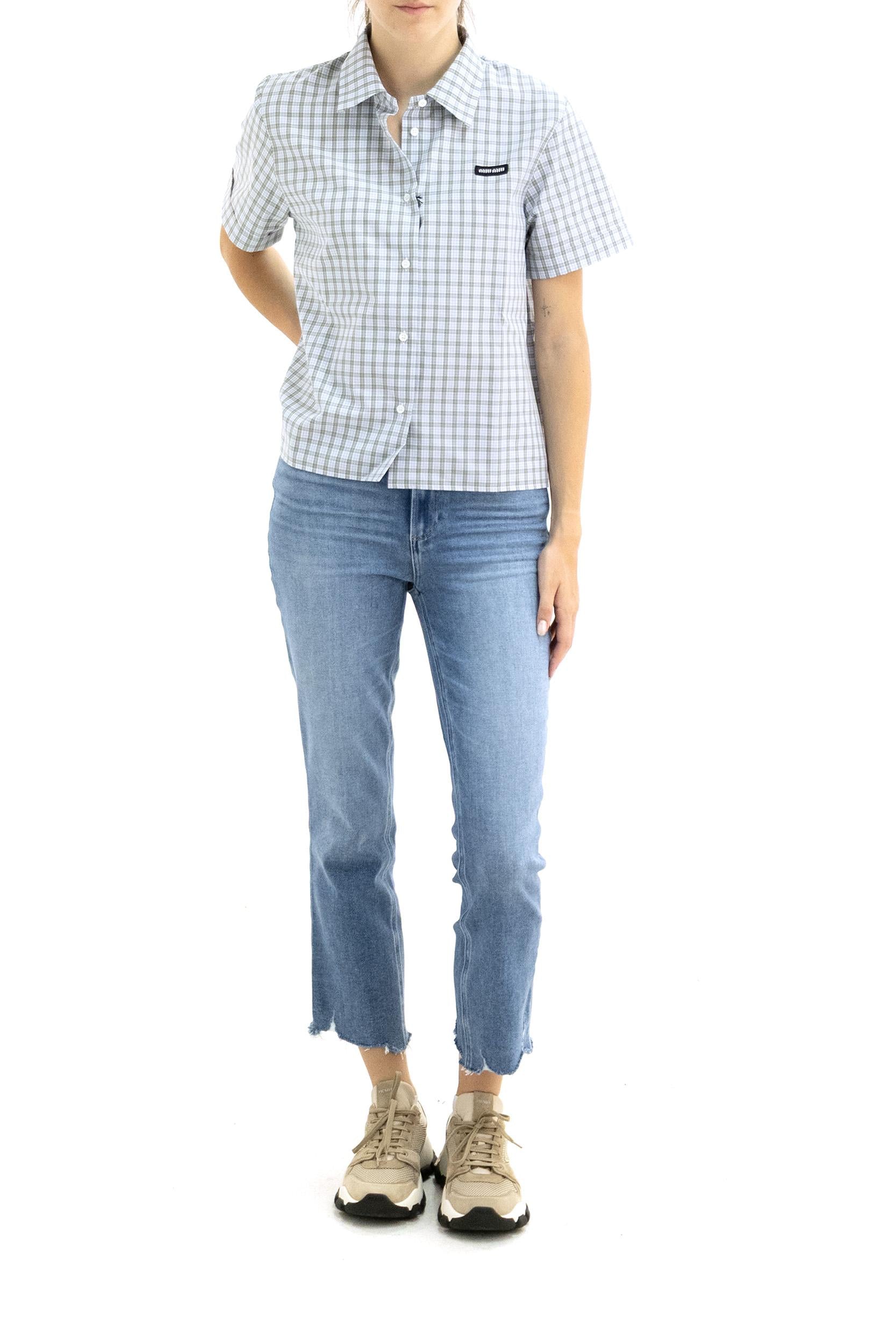 Camicia in popeline check di colore bianco e verde salvia<BR/> MK1959 S OOO 196L F073K MIU MIU 