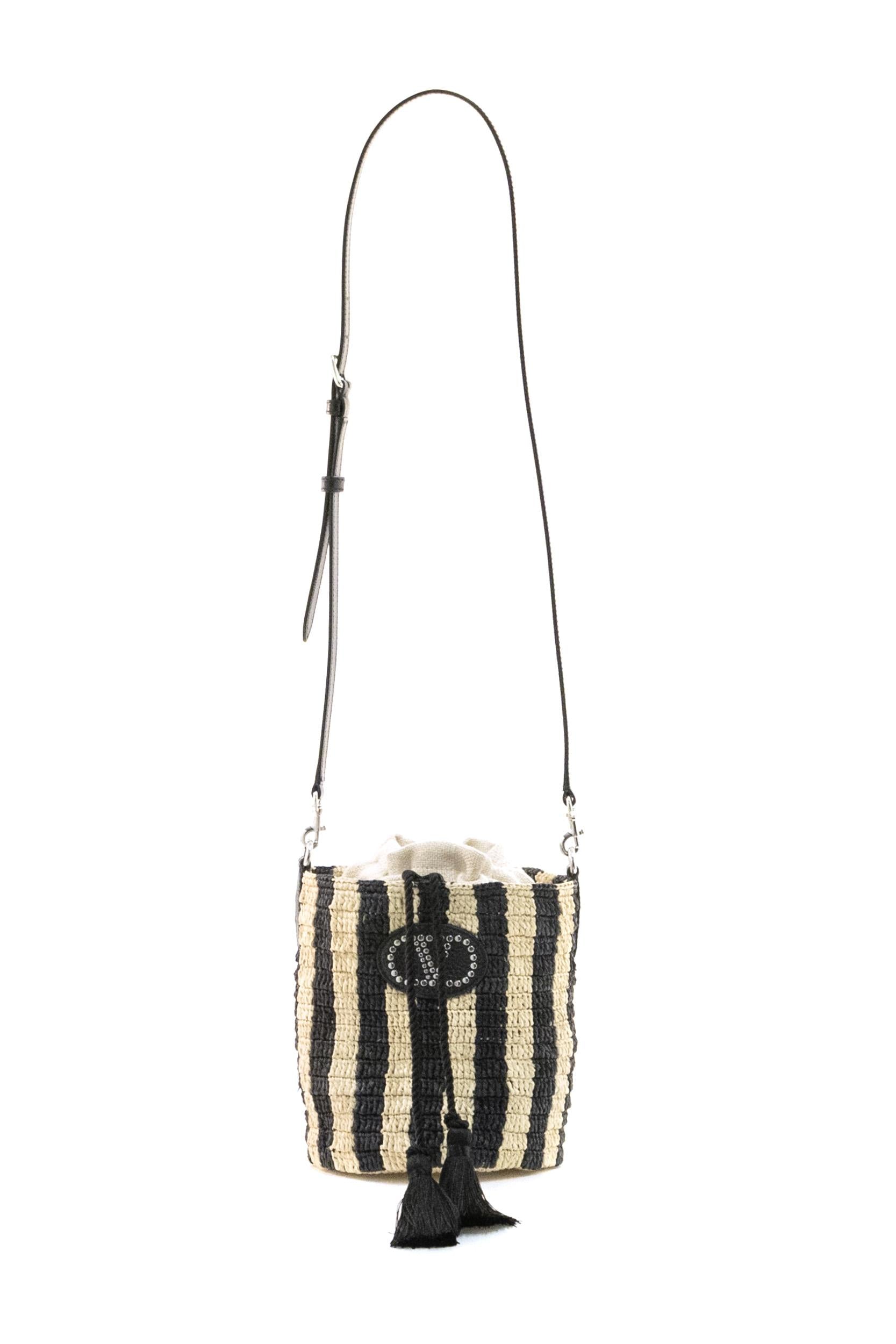 Borsa a secchiello in rafia a righe color naturale e nero<BR/> 8W2B0T03IXU C8K VALENTINO GARAVANI 