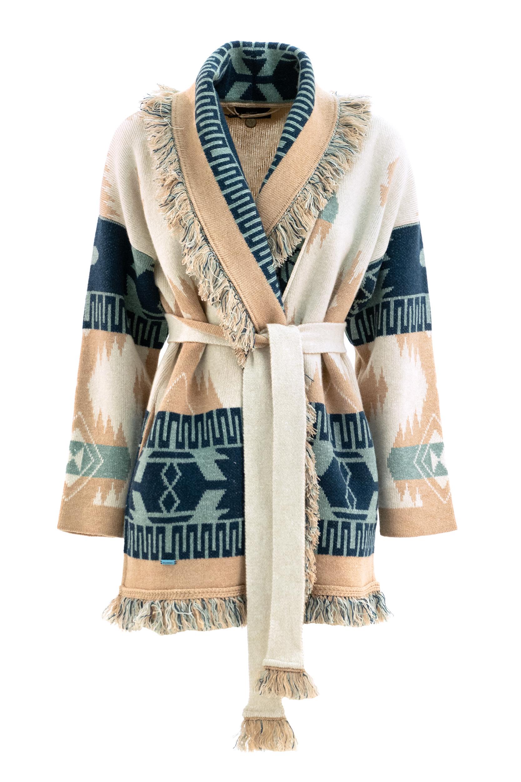 Cardigan Icon Jacquard in cashmere e lino color gesso e sabbia<BR/> LWHB064R26KNI026 9617 ALANUI 