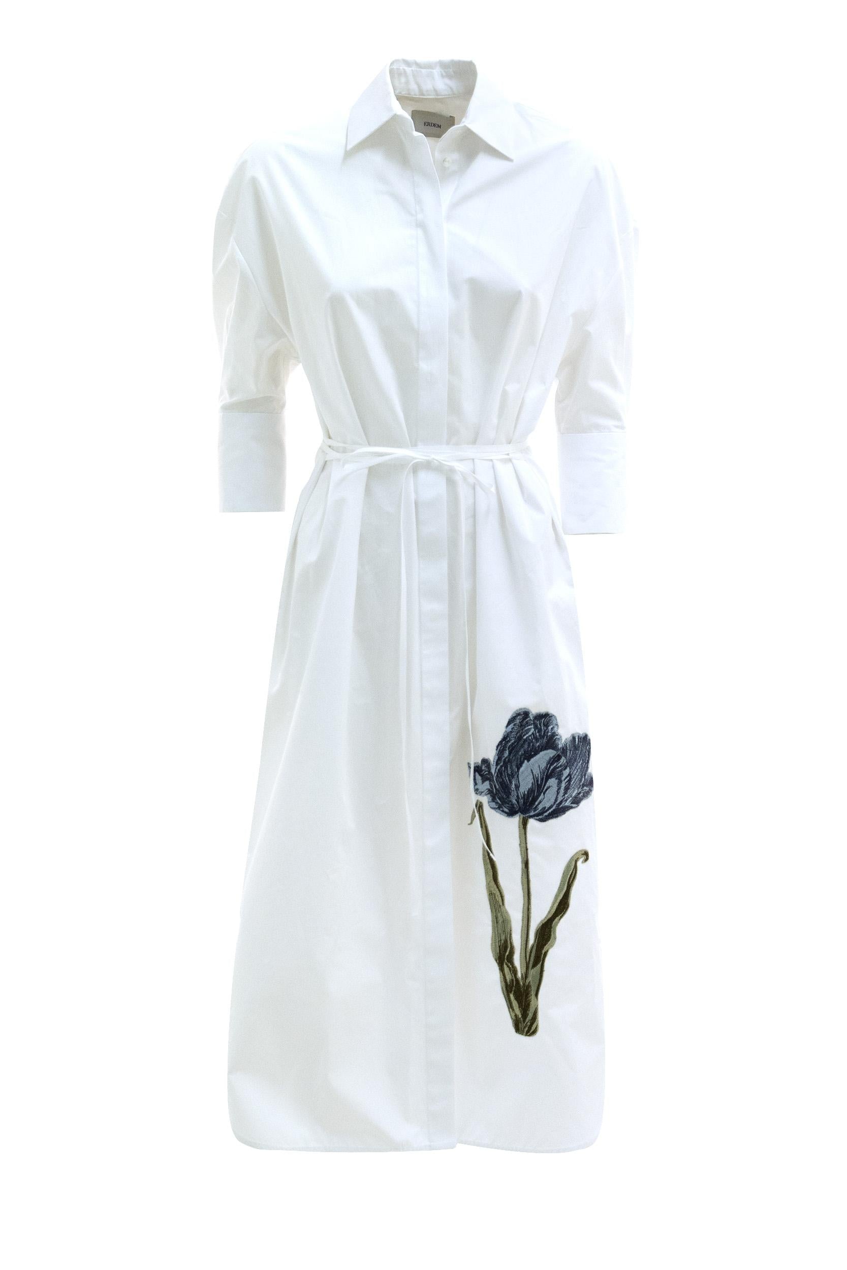 Abito chemisier in cotone di colore bianco con stampa floreale a contrasto<BR/> D20440029000B WHITE ERDEM 