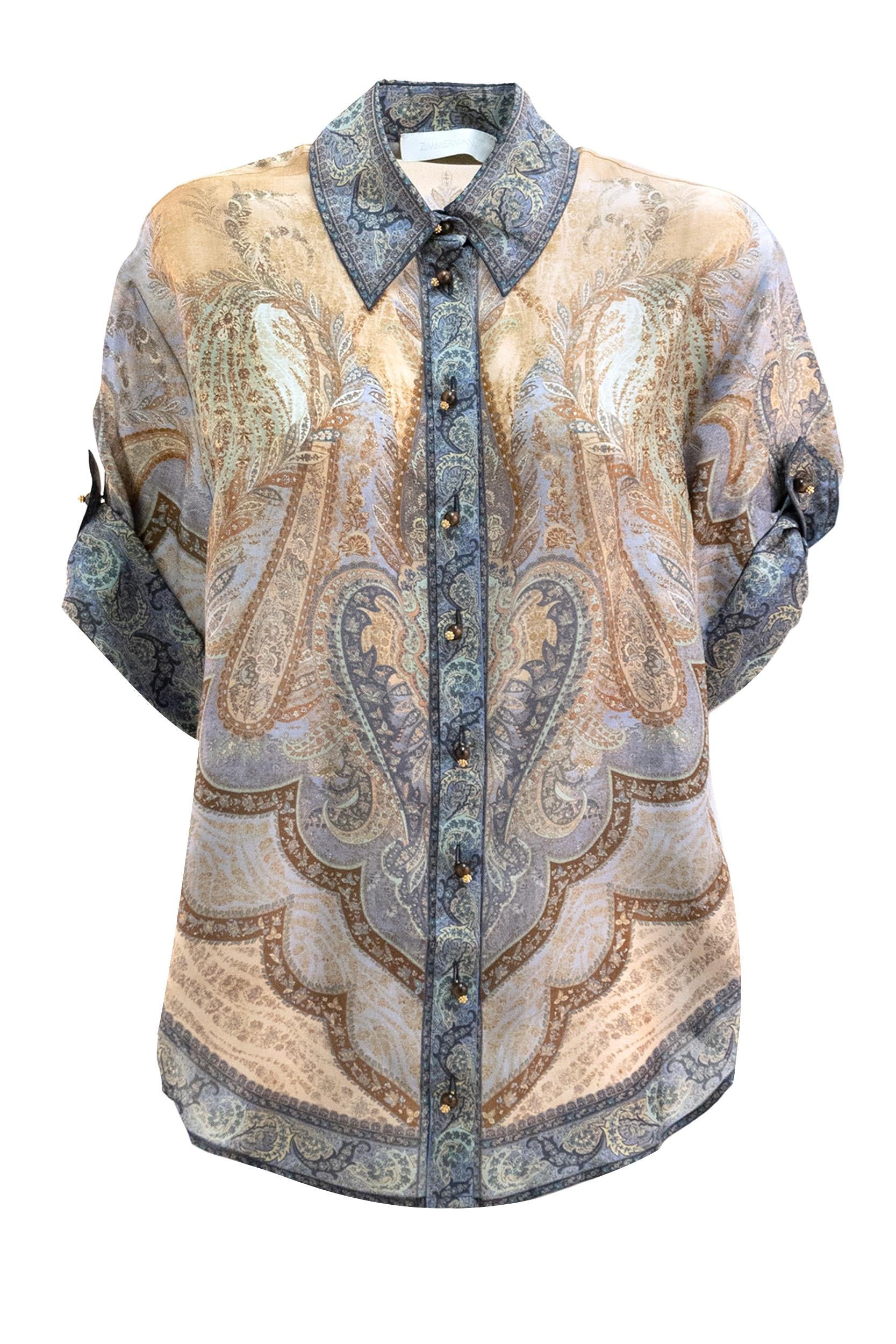 Camicia a Maniche Corte Wanderlust in Seta<BR/> 8624TRS262 TAPESTRY BLUE ZIMMERMANN 