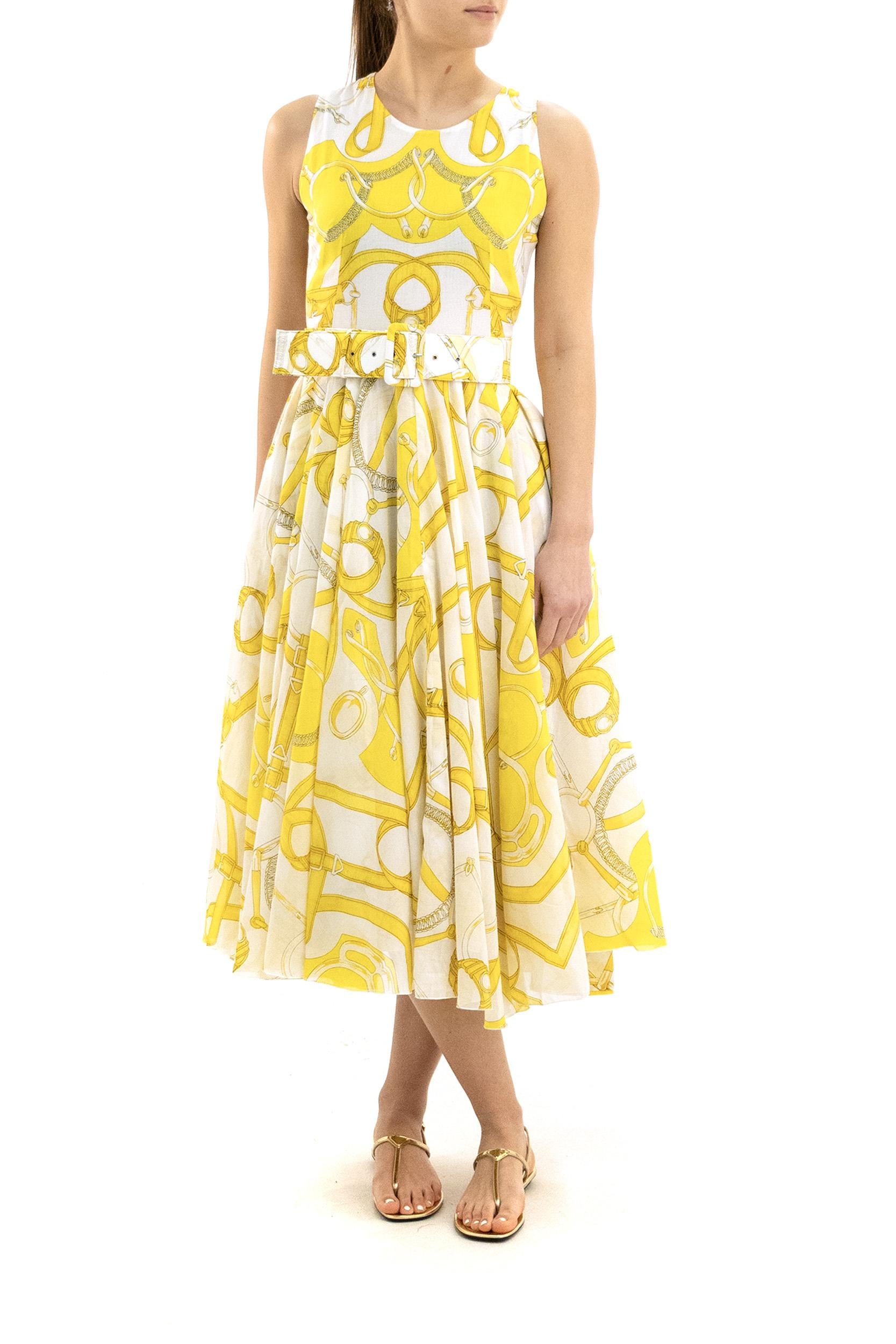Abito Aster in mussola di cotone con stampa Horse di colore bianco e giallo<BR/> ASTER DRESS/HORSE WHITE YELLOW S-SUNG 