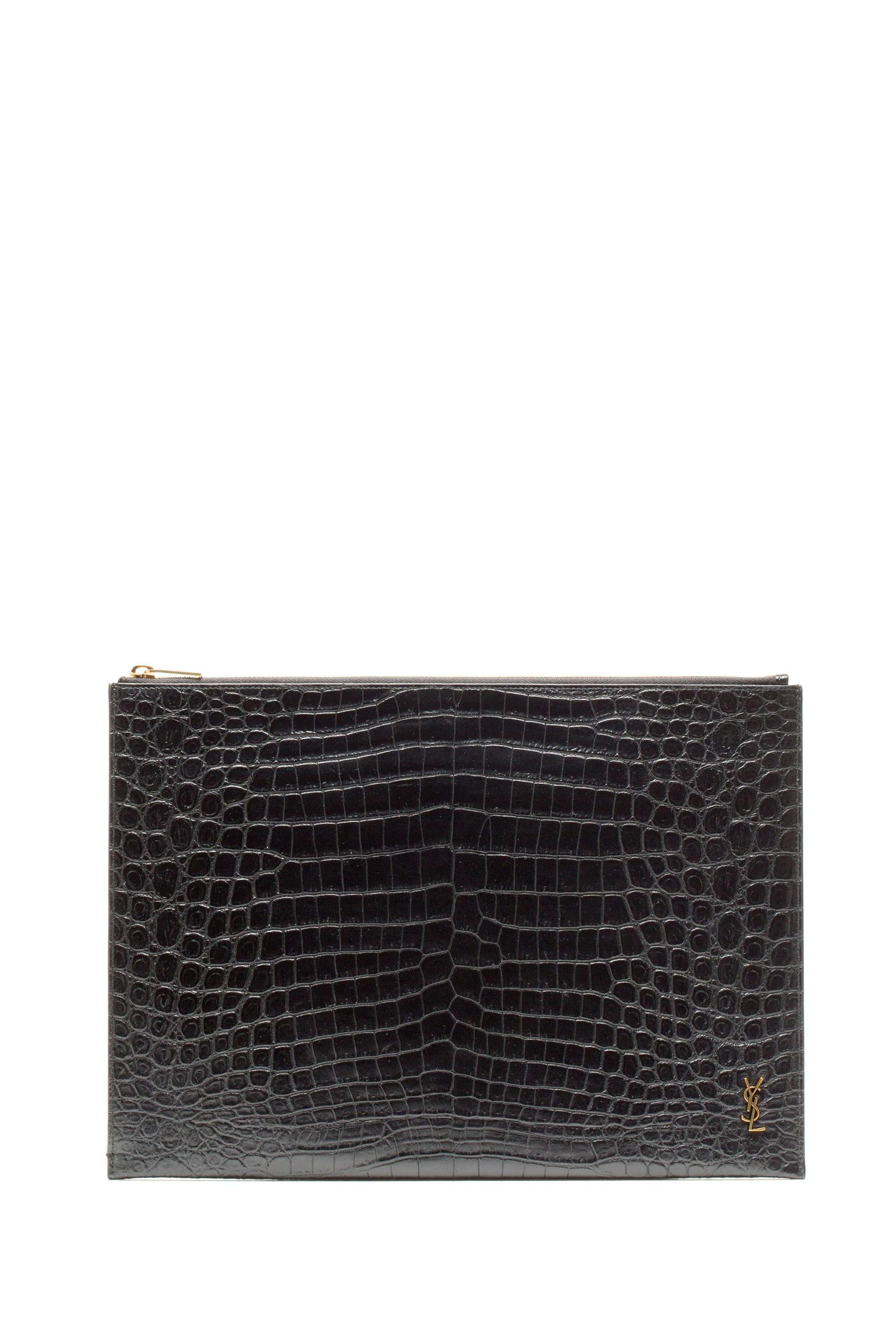 Saint Laurent 607782 DZE0W1000 Portadocumenti Monogram in Pelle Opaca Goffrata Coccodrillo<BR/> 607782 DZE0W 1000 SAINT LAURENT 
