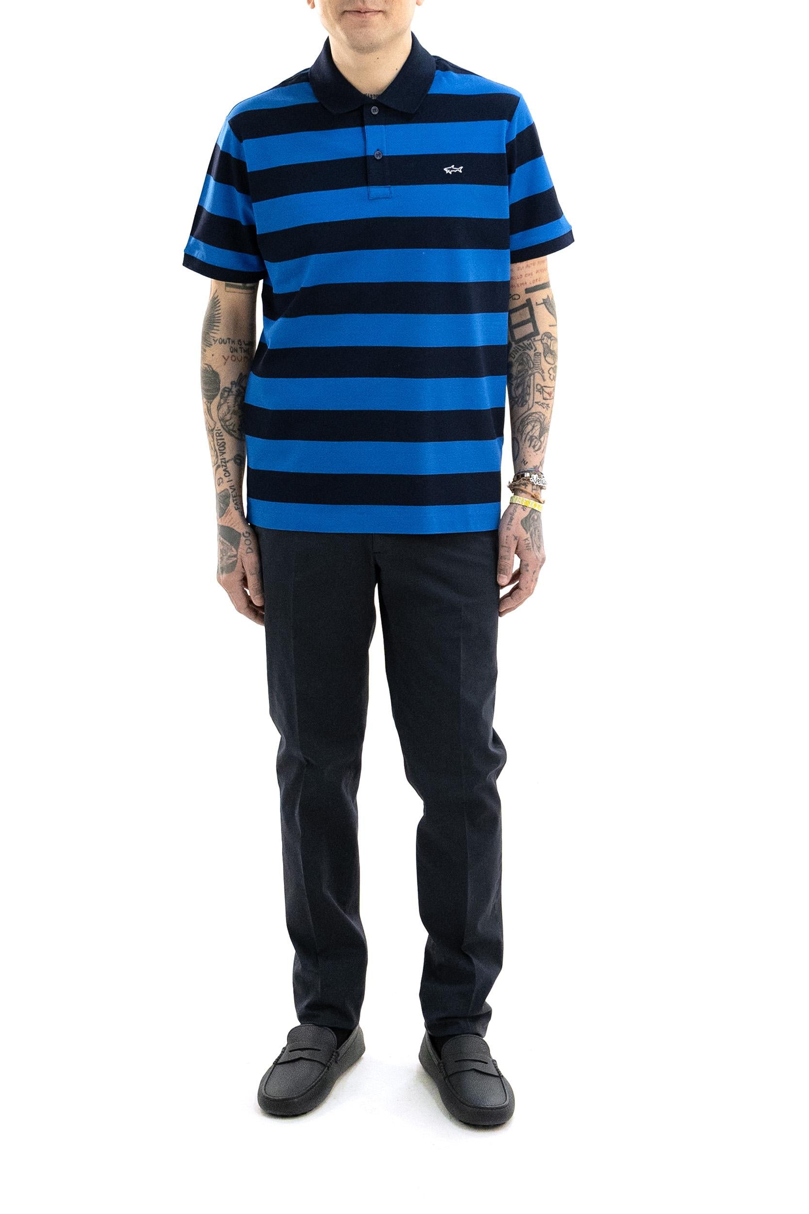 Polo in piqué di cotone a righe di colore blu e azzurro<BR/> 99311002 144 PAUL & SHARK 