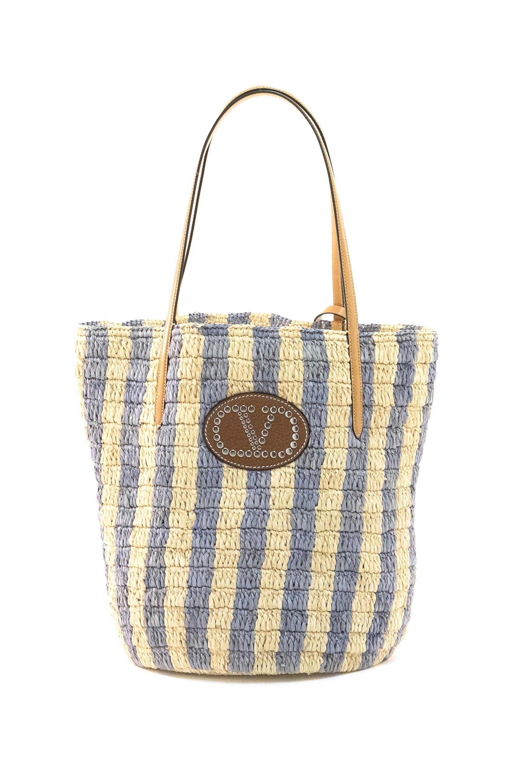 Borsa a secchiello in rafia a righe color naturale e azzurro <BR/> 8W2B0R37UHK C8C VALENTINO GARAVANI 