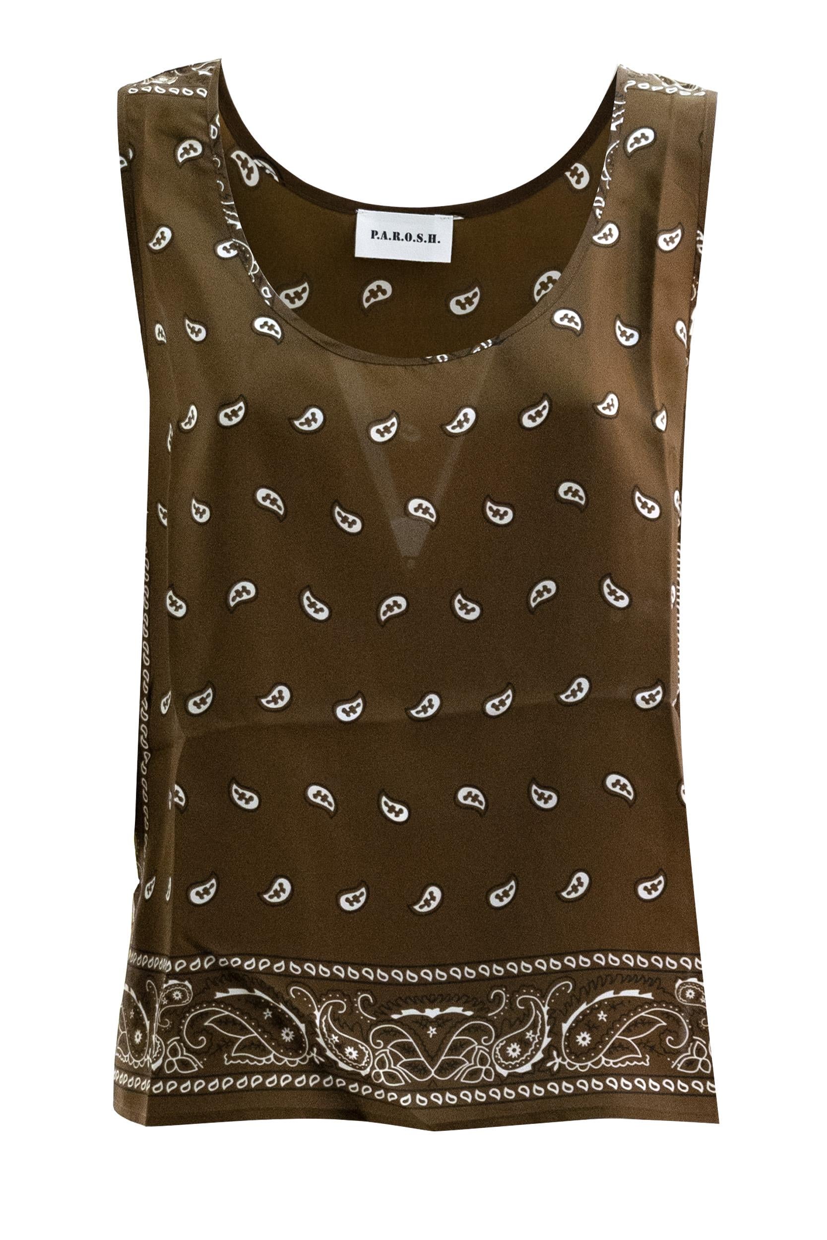 Top in seta di colore marrone con stampa paisley<BR/> SOY-D311521 886 P.A.R.O.S.H. 