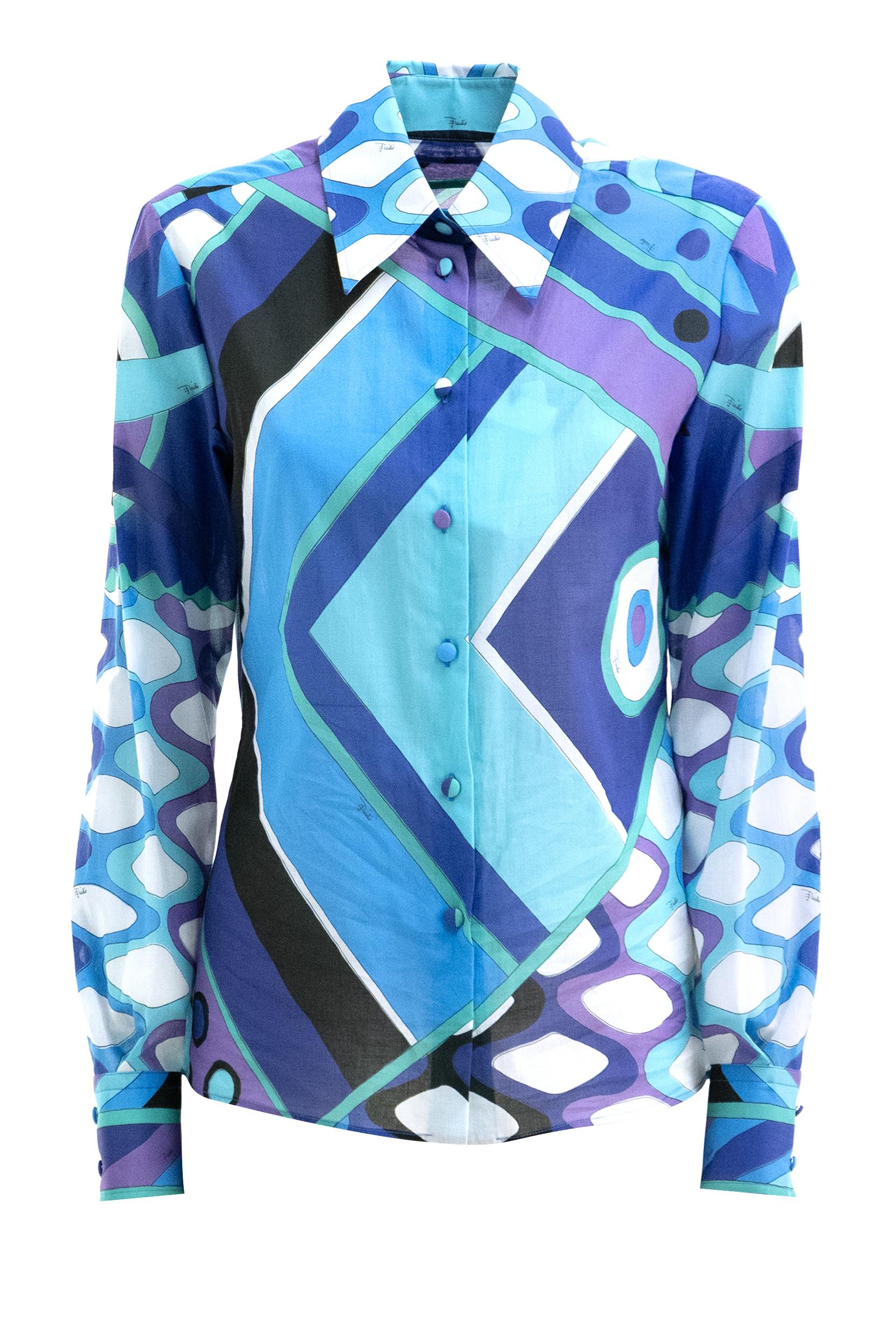 Camicia in cotone con stampa Vivara di colore turchese e blu<BR/> 6HRJ26 6H840 021 EMILIO PUCCI 