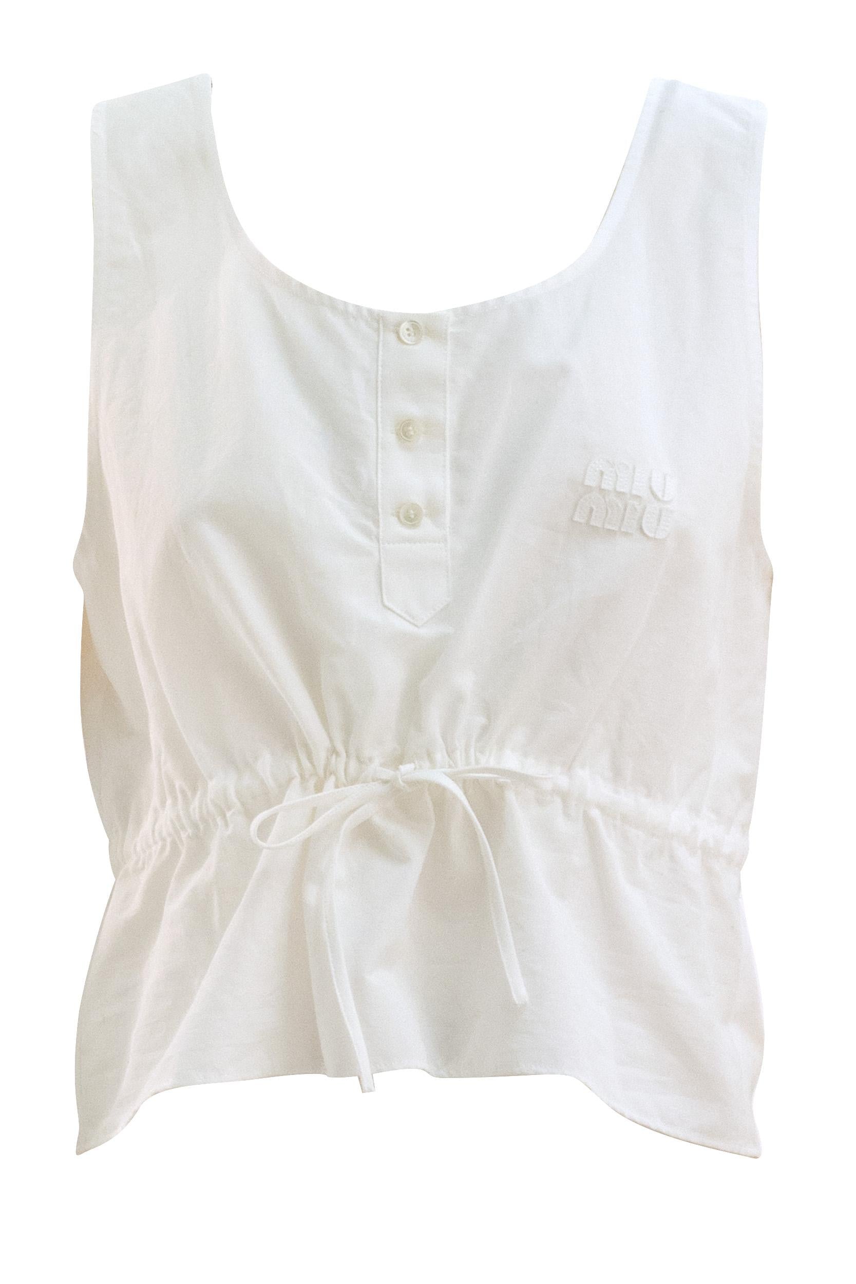 Top in cotone e lino di colore bianco<BR/> MT2165 S OOO 163M F0009 MIU MIU 